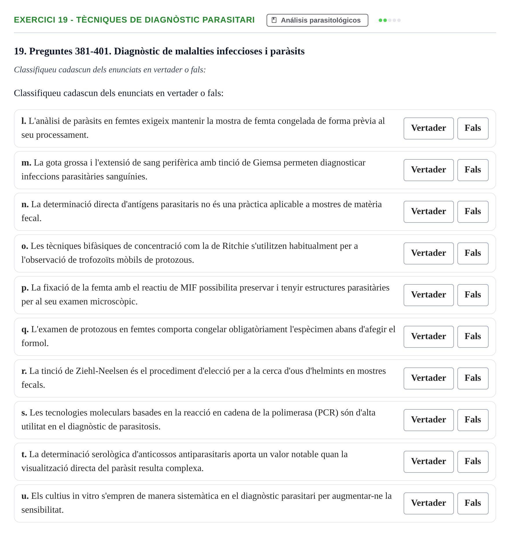 Enunciado: 19 - Tècniques de diagnòstic parasitari