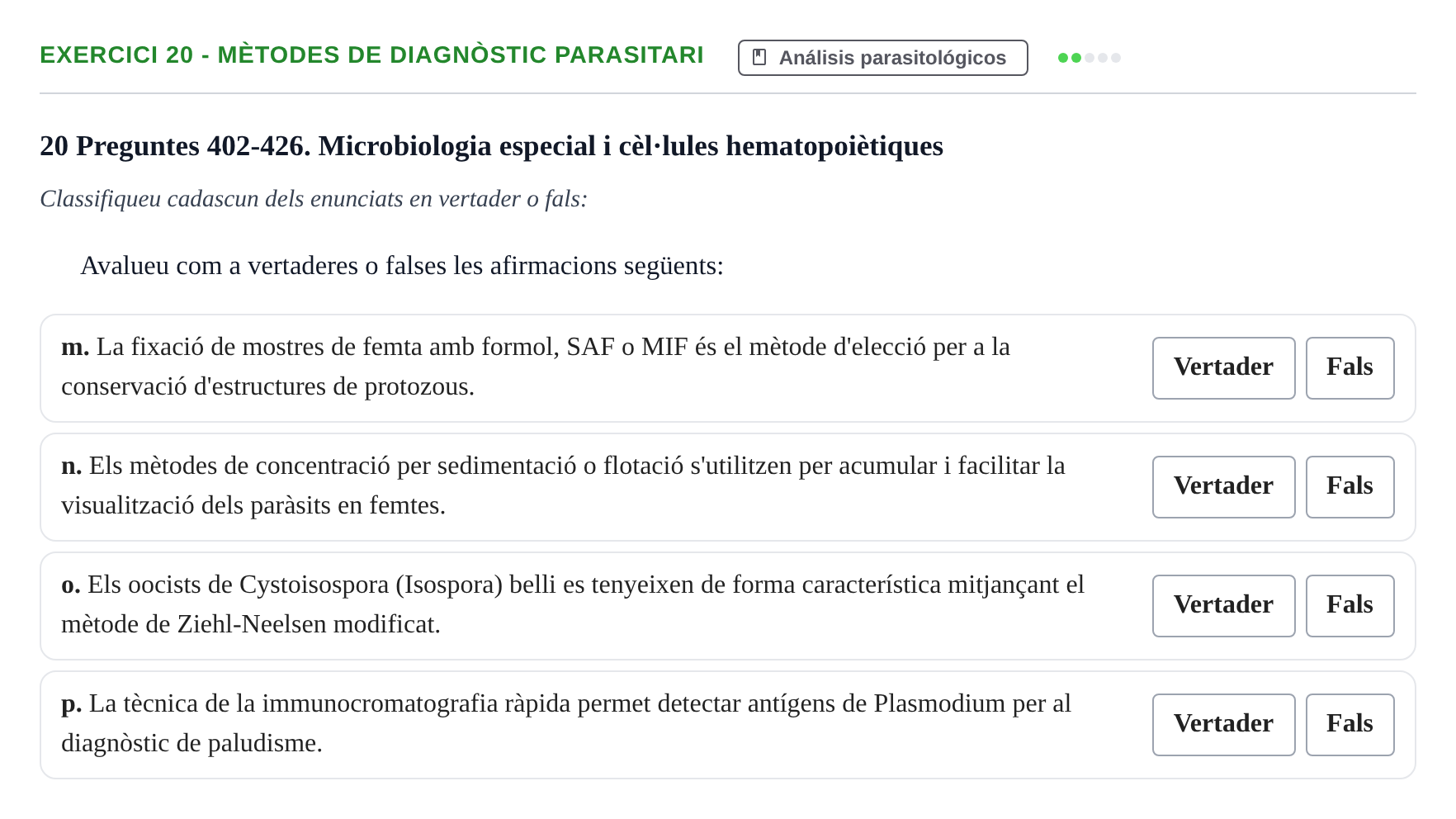 Enunciado: 20 - Mètodes de diagnòstic parasitari