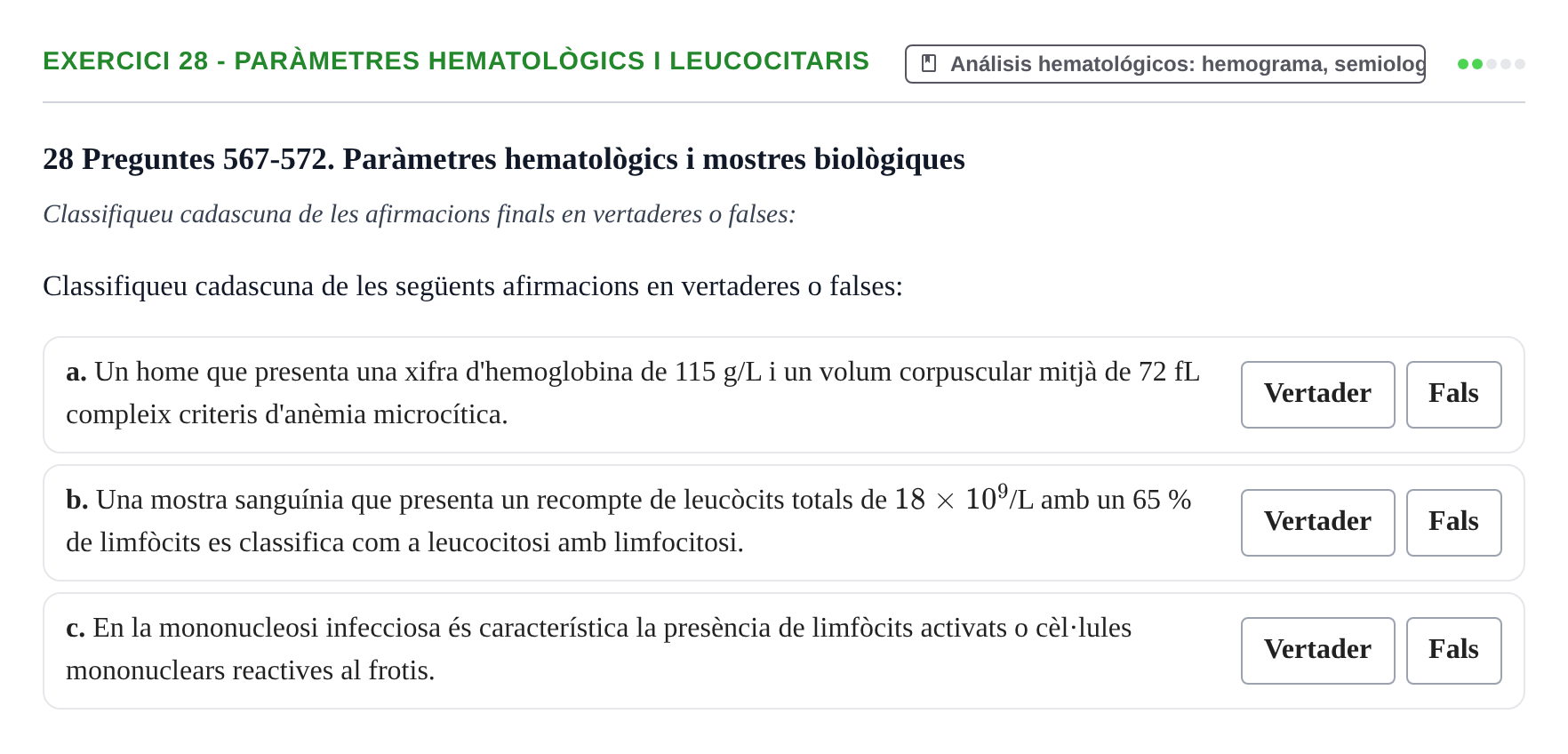 Enunciado: 28 - Paràmetres hematològics i leucocitaris