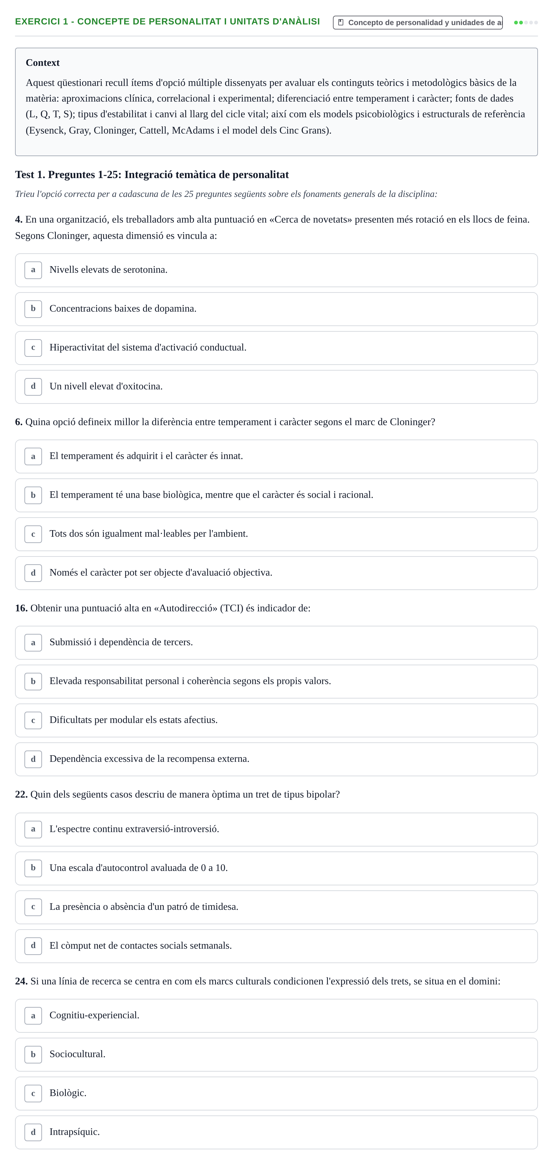 Enunciado: 1 - Concepte de personalitat i unitats d'anàlisi