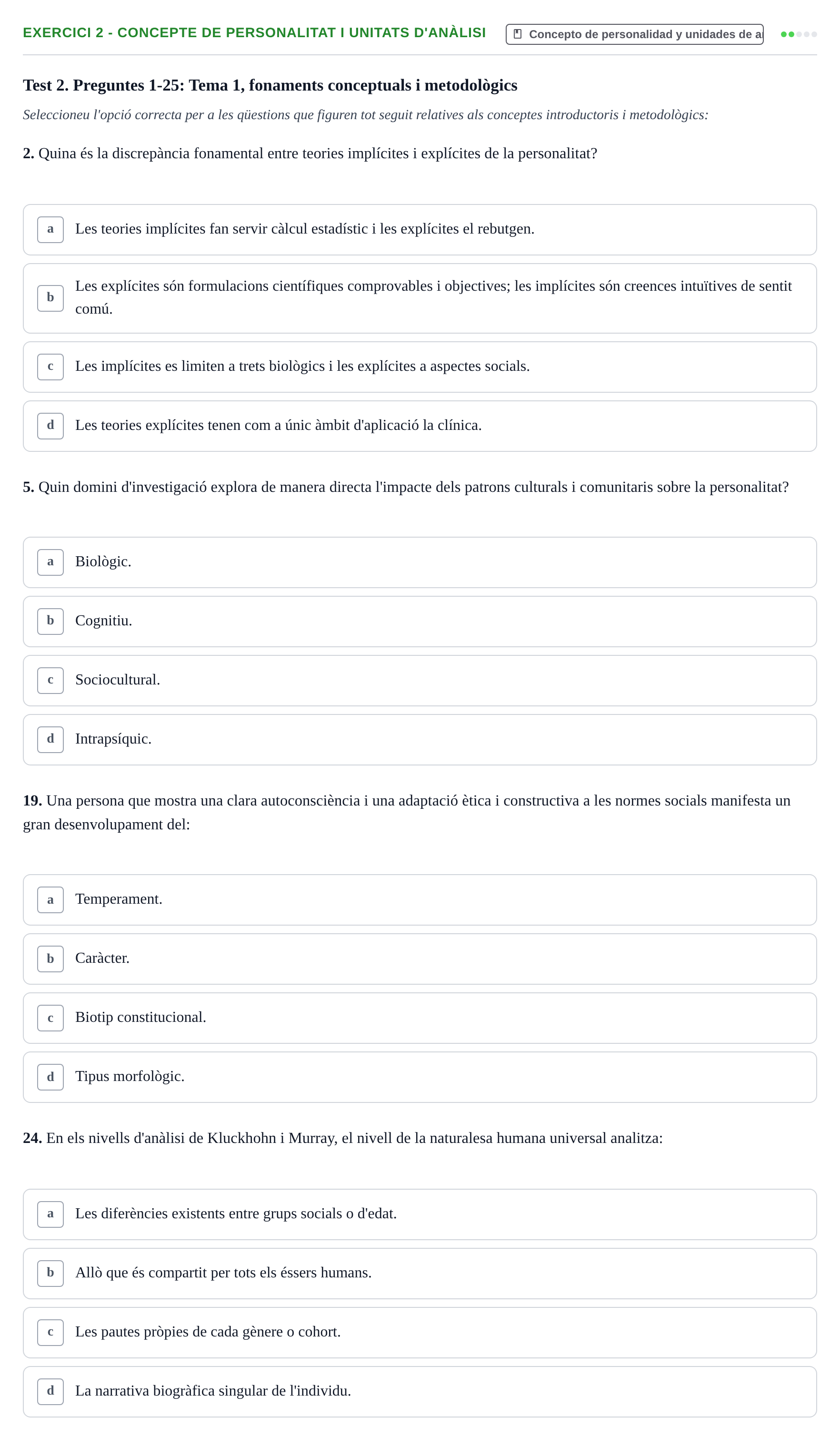 Enunciado: 2 - Concepte de personalitat i unitats d'anàlisi