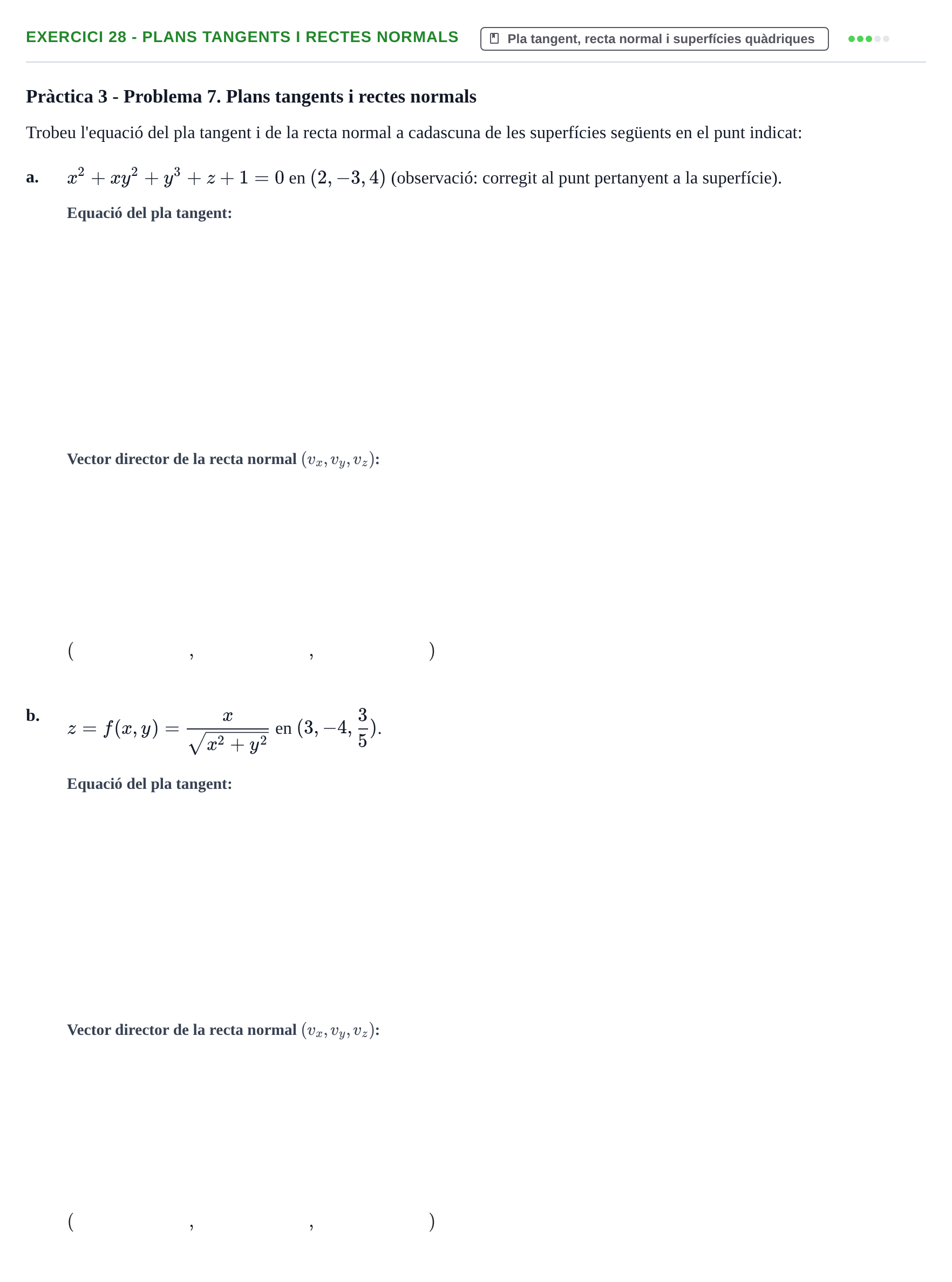 Enunciado: 28 - Plans tangents i rectes normals
