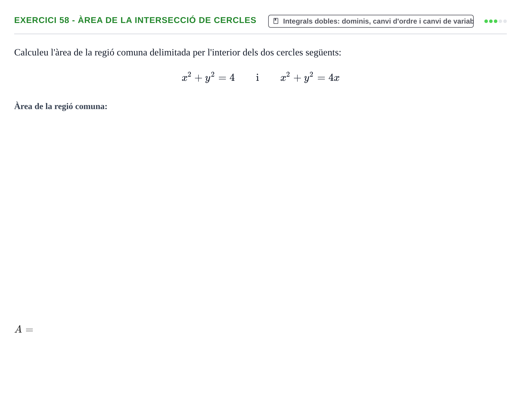 Enunciado: 58 - Àrea de la intersecció de cercles