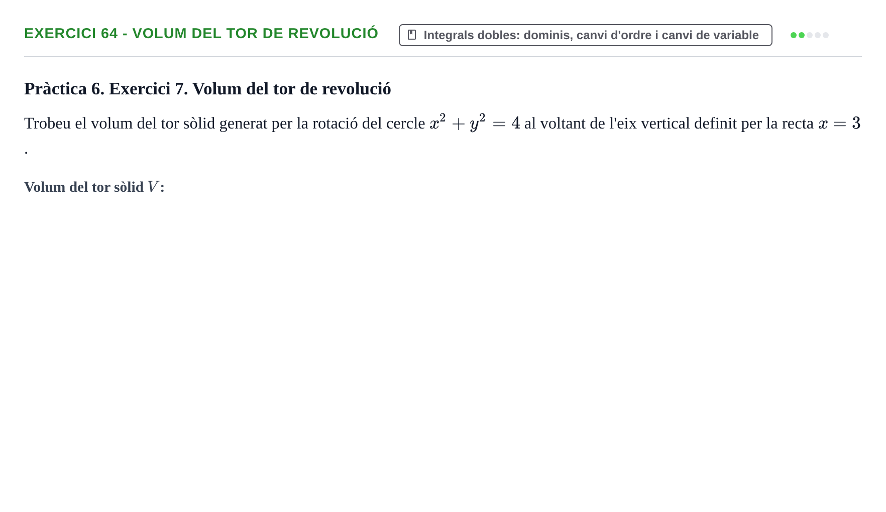 Enunciado: 64 - Volum del tor de revolució
