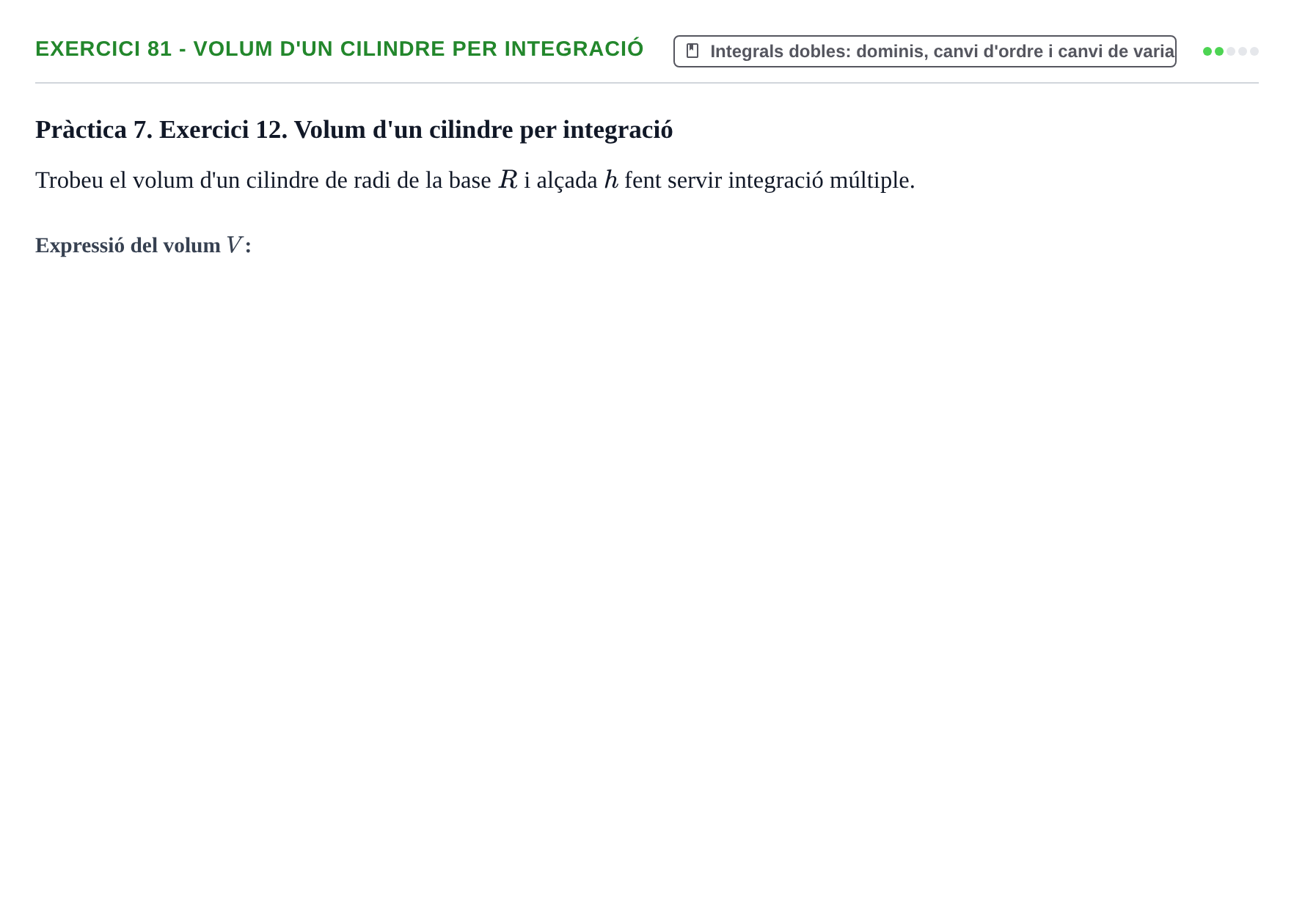Enunciado: 81 - Volum d'un cilindre per integració