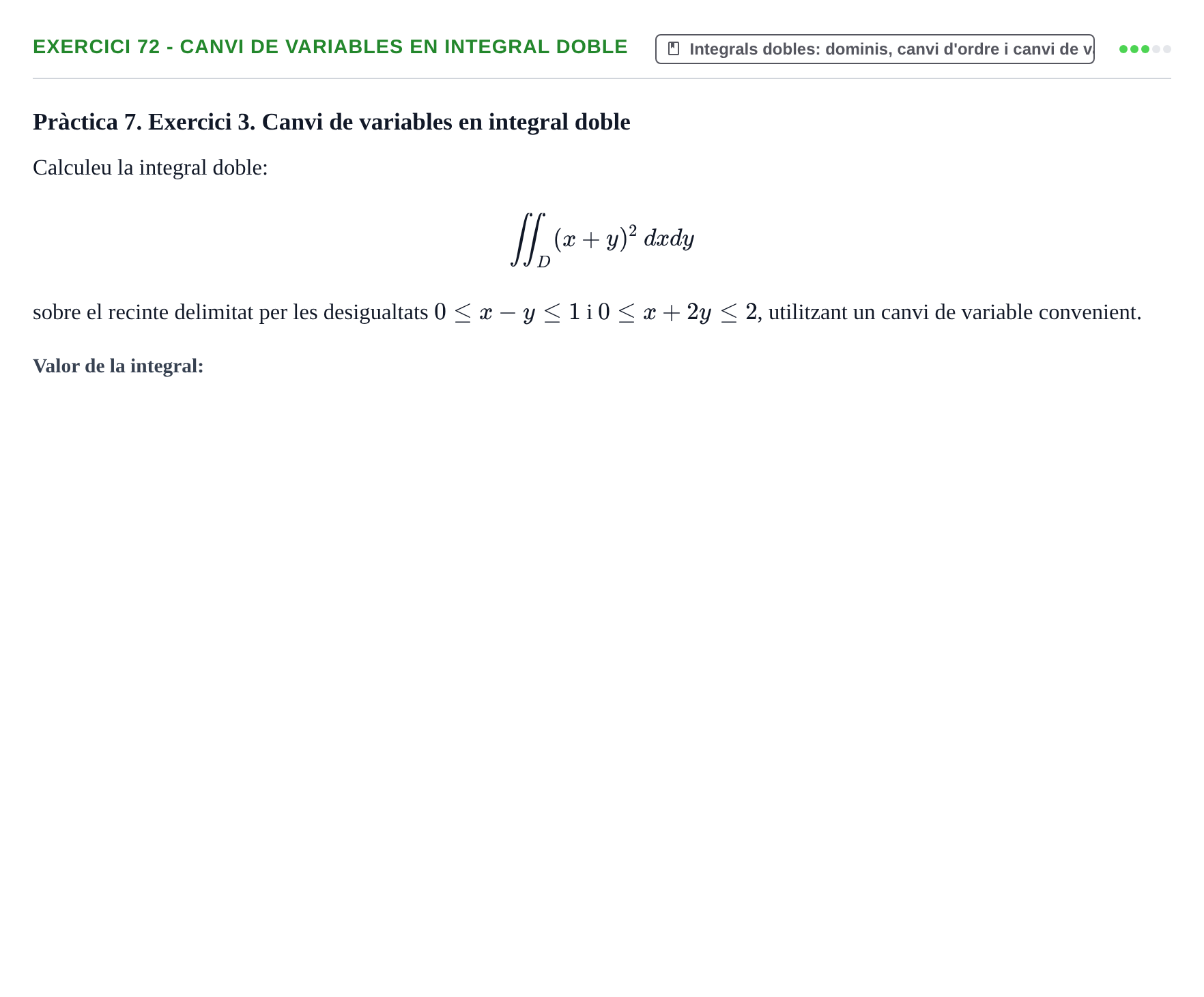 Enunciado: 72 - Canvi de variables en integral doble