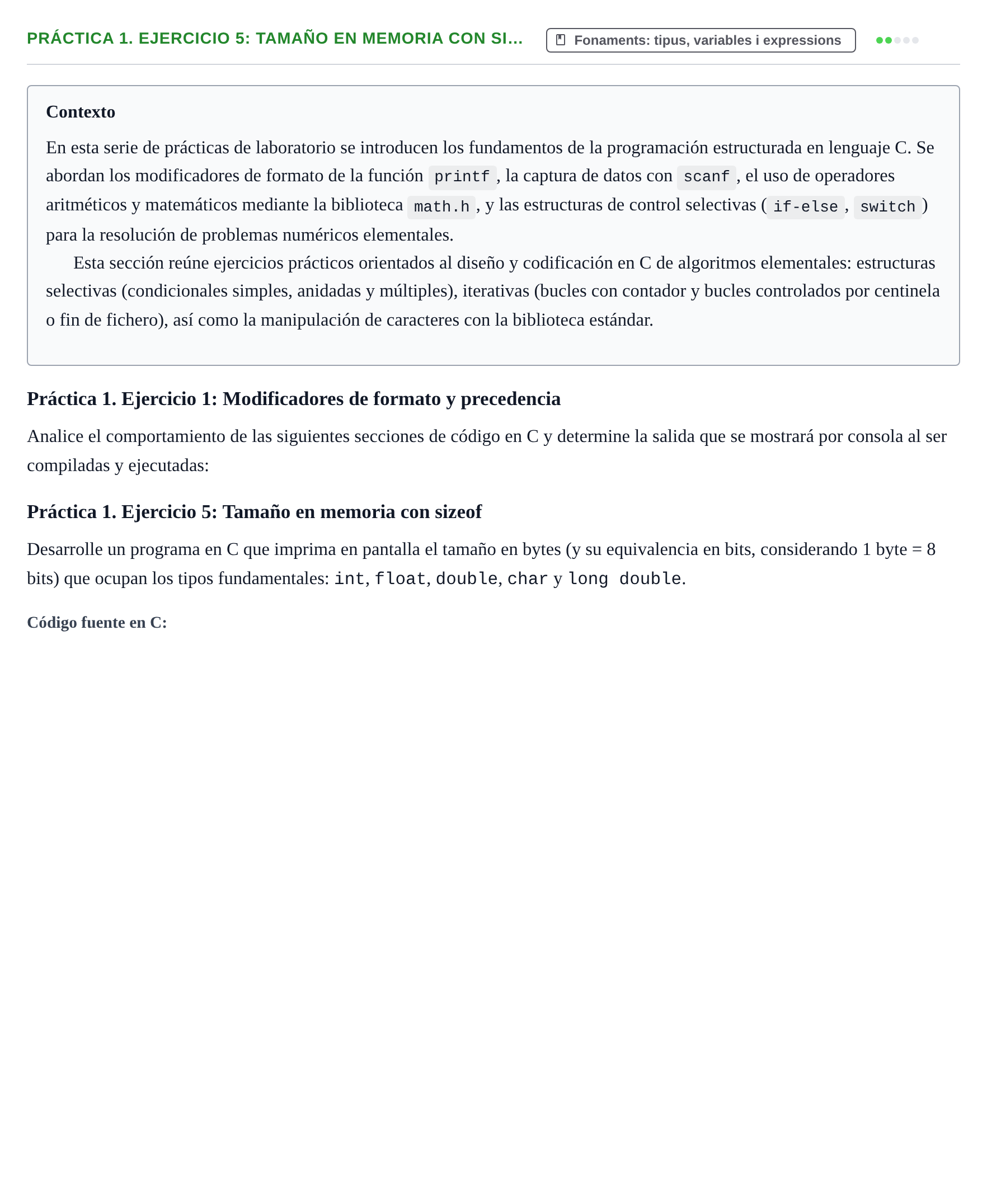 Enunciado: Práctica 1. Ejercicio 5: Tamaño en memoria con si…