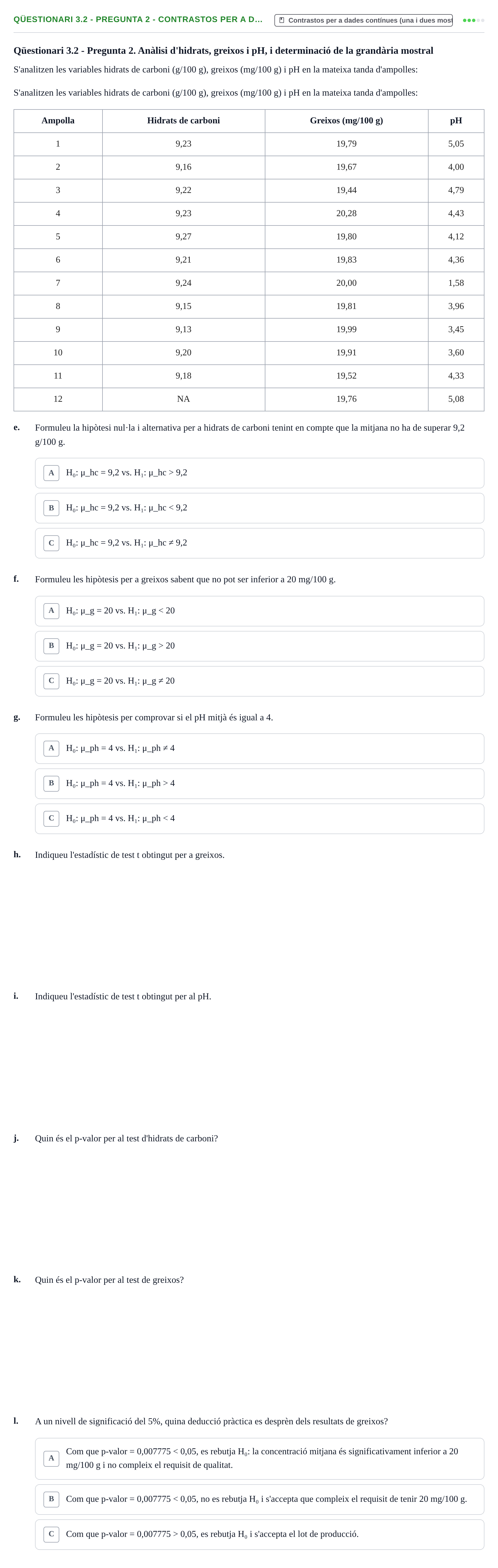 Enunciado: Qüestionari 3.2 - Pregunta 2 - Contrastos per a d…