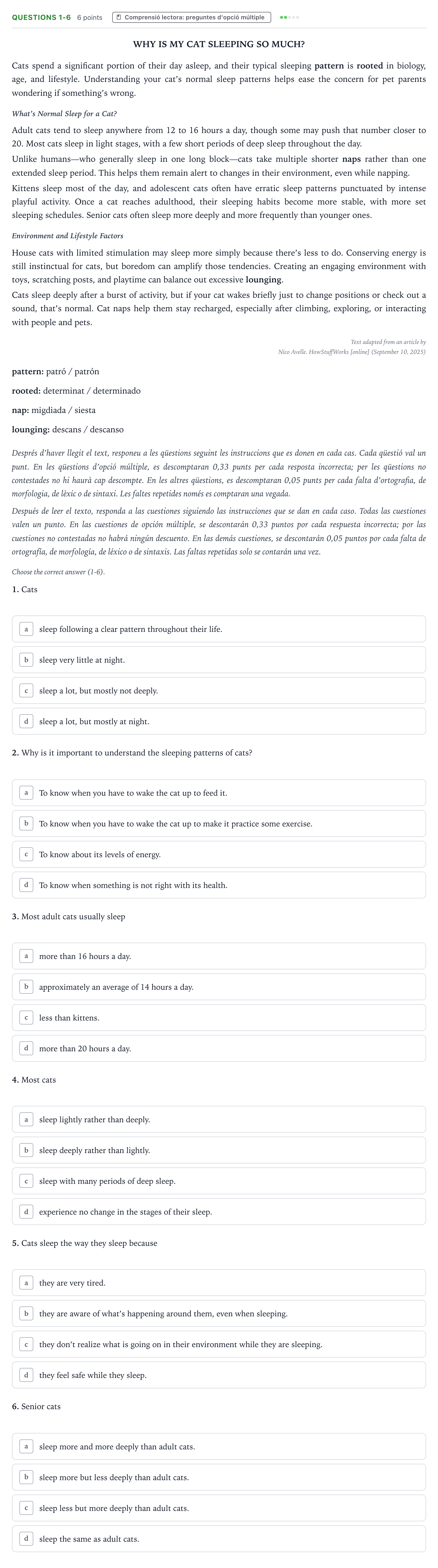 Enunciado: Ejercicio Questions 1-6 · Inglés Majors de 25 anys (Catalunya) Tribunal especial Serie 3 2026
