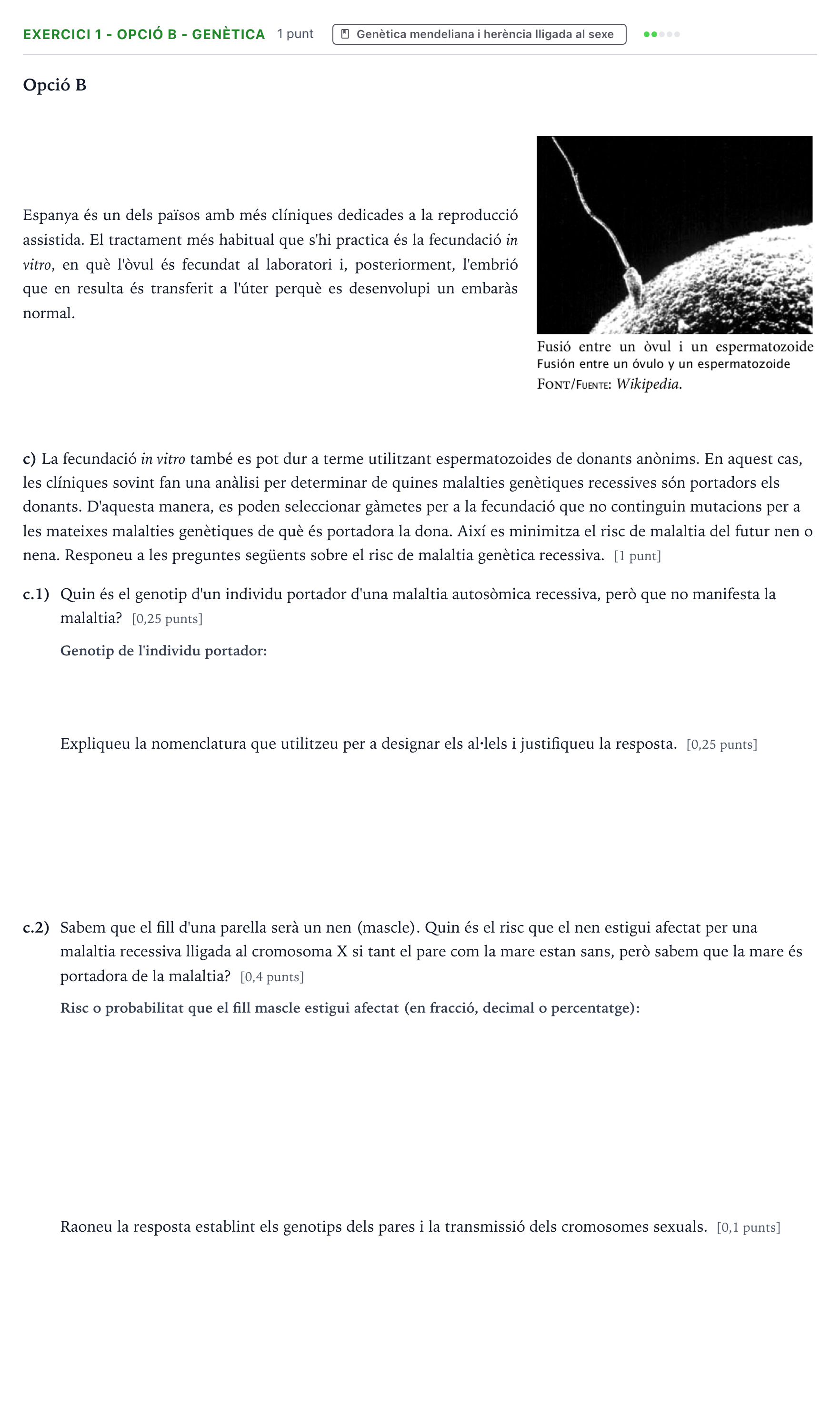 Enunciado: Exercici 1 - Opció B - Genètica · Biología Majors de 25 anys (Catalunya) Tribunal ordinari Serie 2 2026