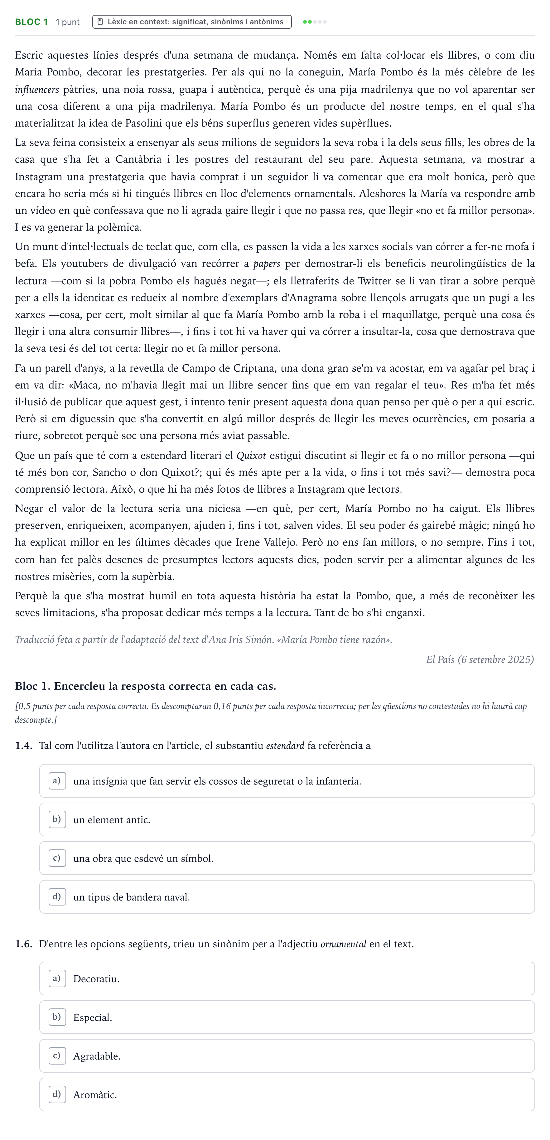 Enunciado: Ejercicio Bloc 1 - Lèxic · Comentario de Texto Majors de 25 anys (Catalunya) Tribunal ordinari Serie 2 2026