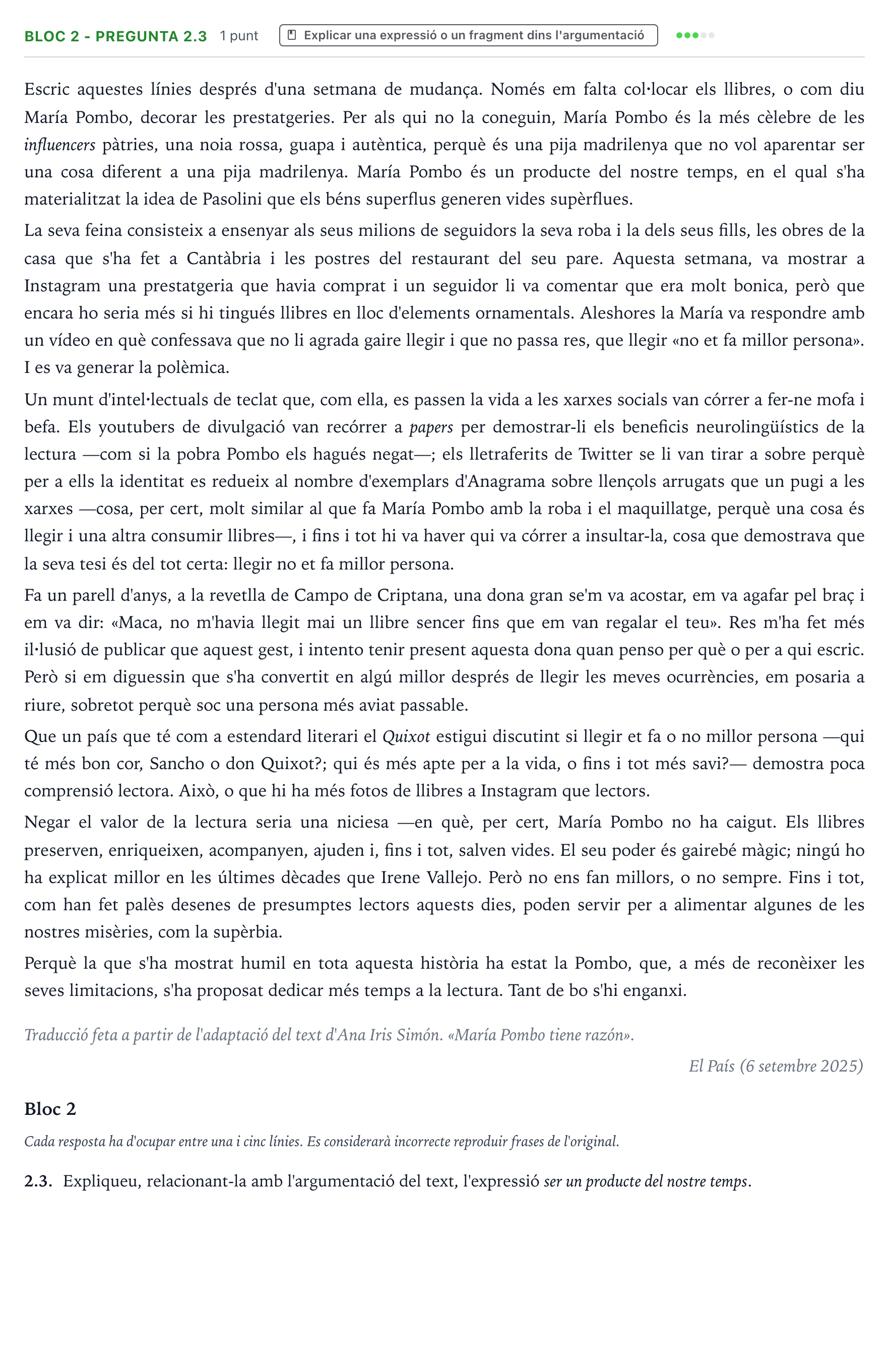 Enunciado: Ejercicio Bloc 2 - Pregunta 2.3 · Comentario de Texto Majors de 25 anys (Catalunya) Tribunal ordinari Serie 2 2026