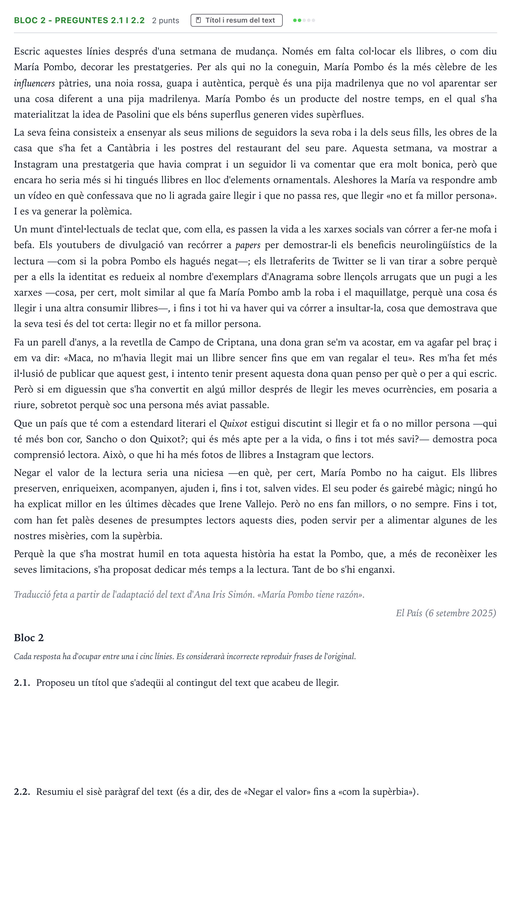 Enunciado: Ejercicio Bloc 2 - Preguntes 2.1 i 2.2 · Comentario de Texto Majors de 25 anys (Catalunya) Tribunal ordinari Serie 2 2026