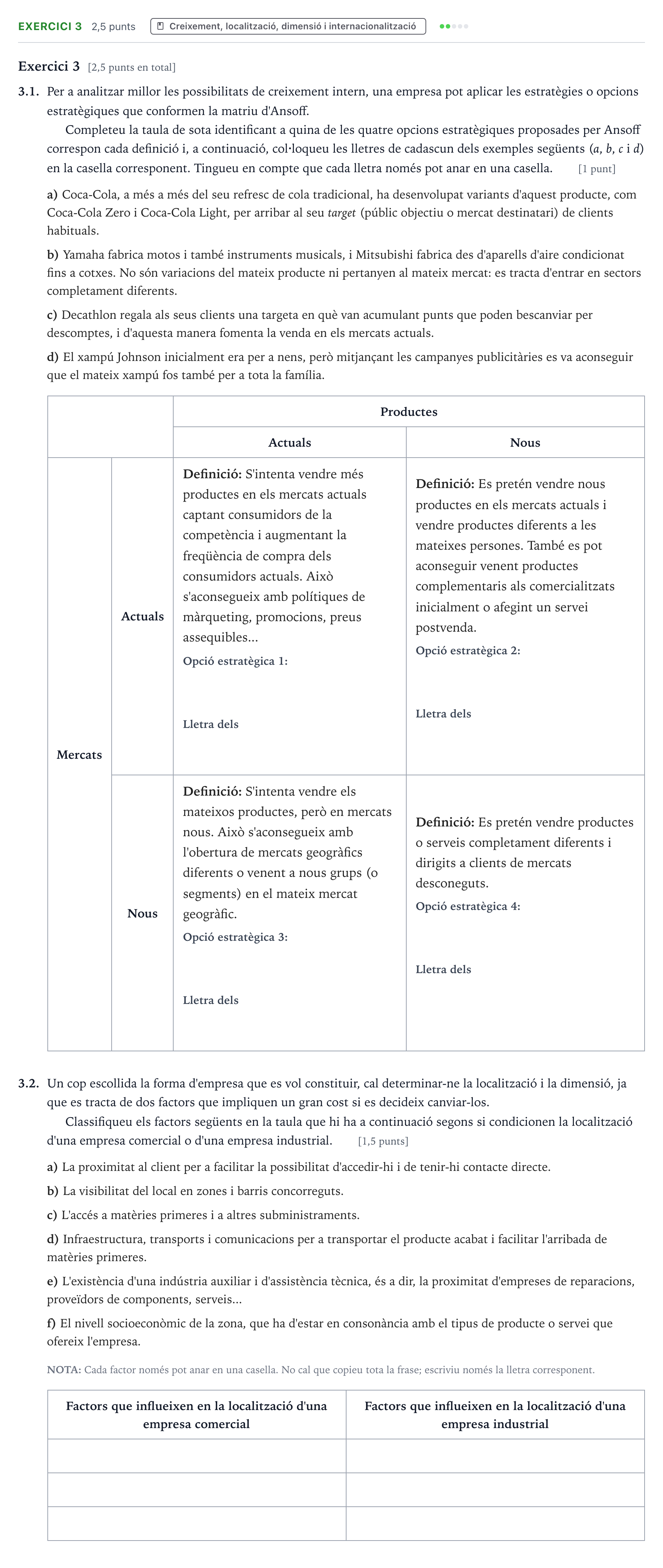 Enunciado: Exercici 3 · Economía de la Empresa Majors de 25 anys (Catalunya) Tribunal especial Serie 3 2026