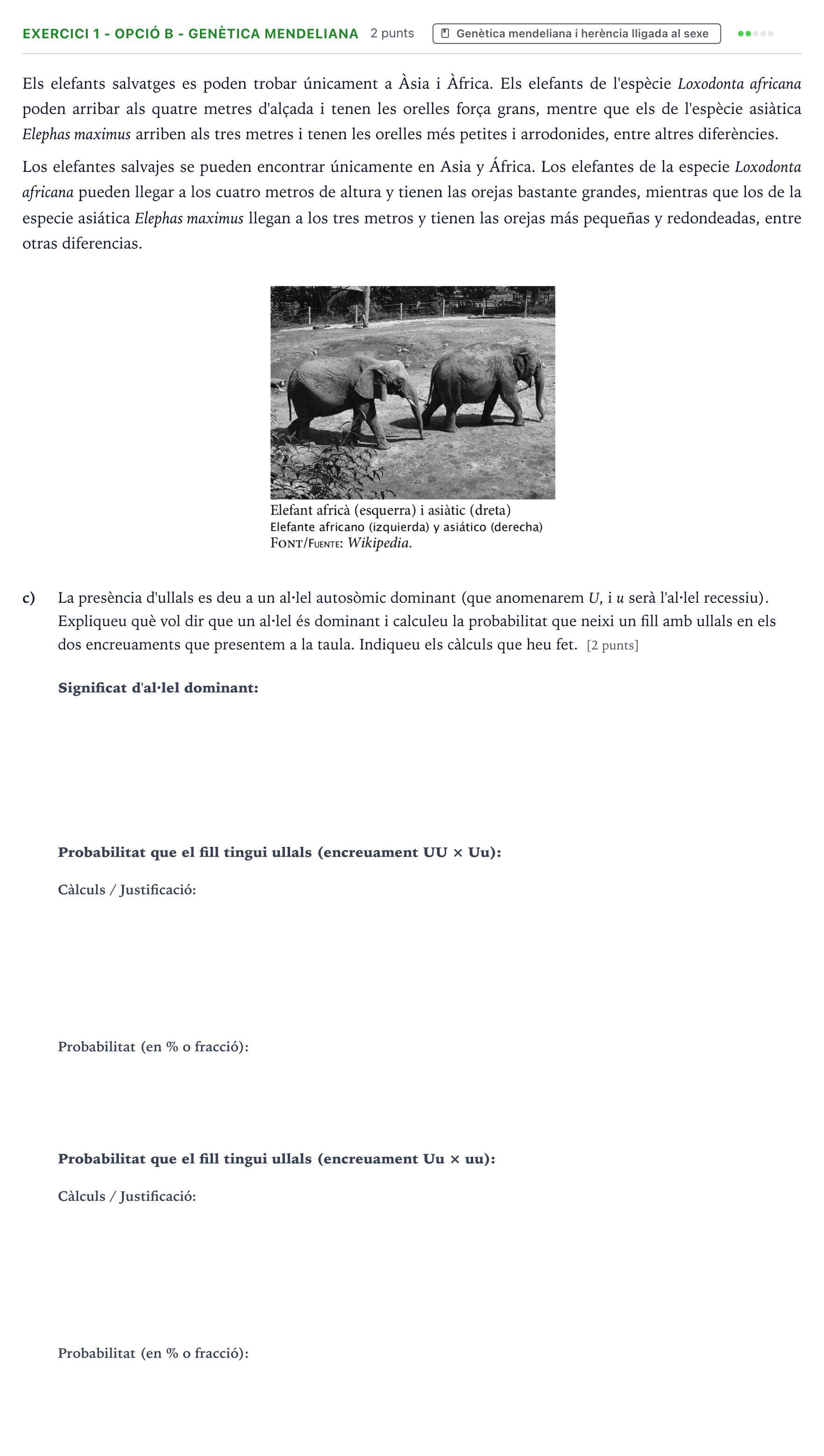Enunciado: Exercici 1 - Opció B - Genètica mendeliana · Biología Majors de 25 anys (Catalunya) Tribunal especial Serie 3 2026