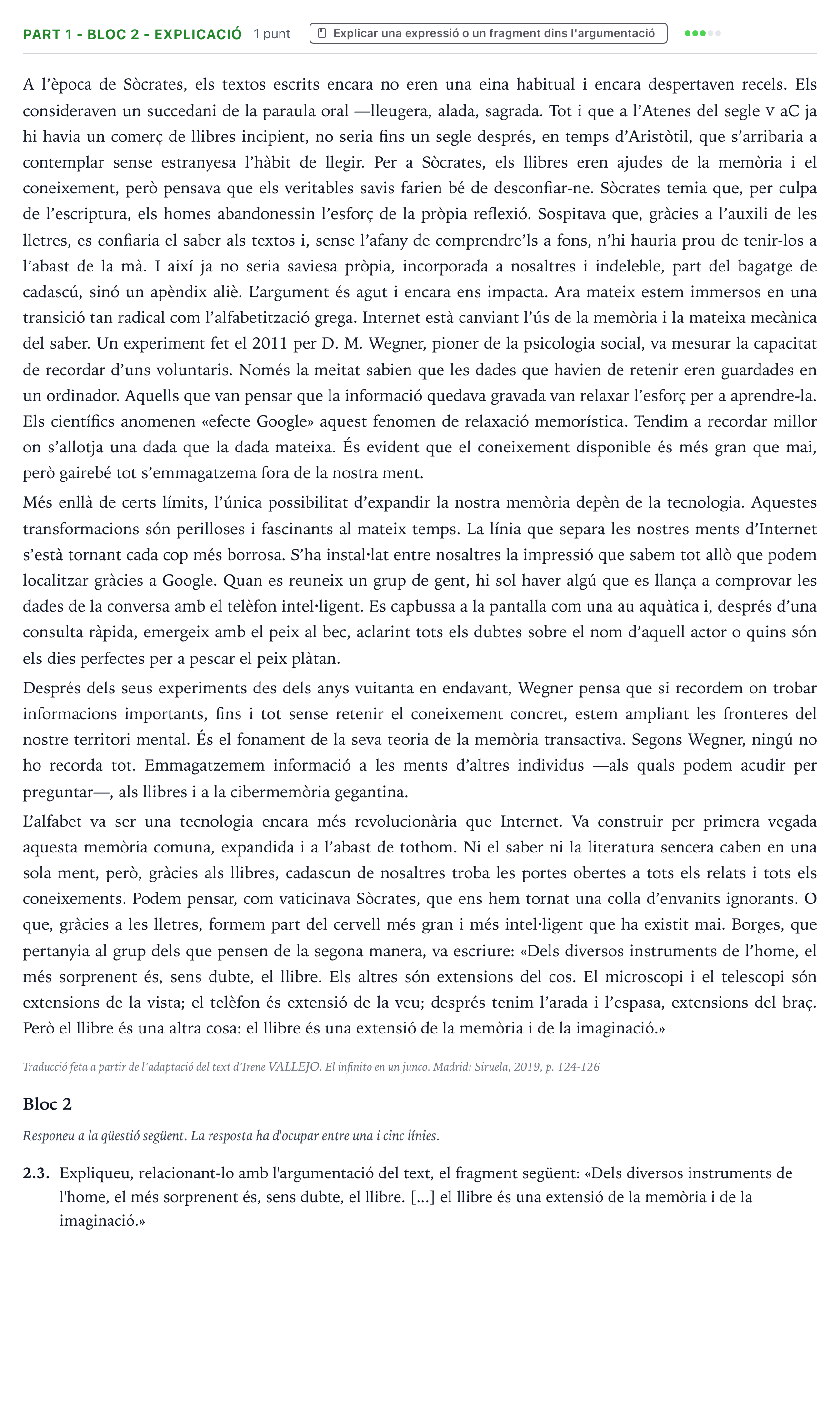 Enunciado: Part 1 - Bloc 2 - Explicació · Comentario de Texto Majors de 25 anys (Catalunya) Tribunal especial Serie 3 2026