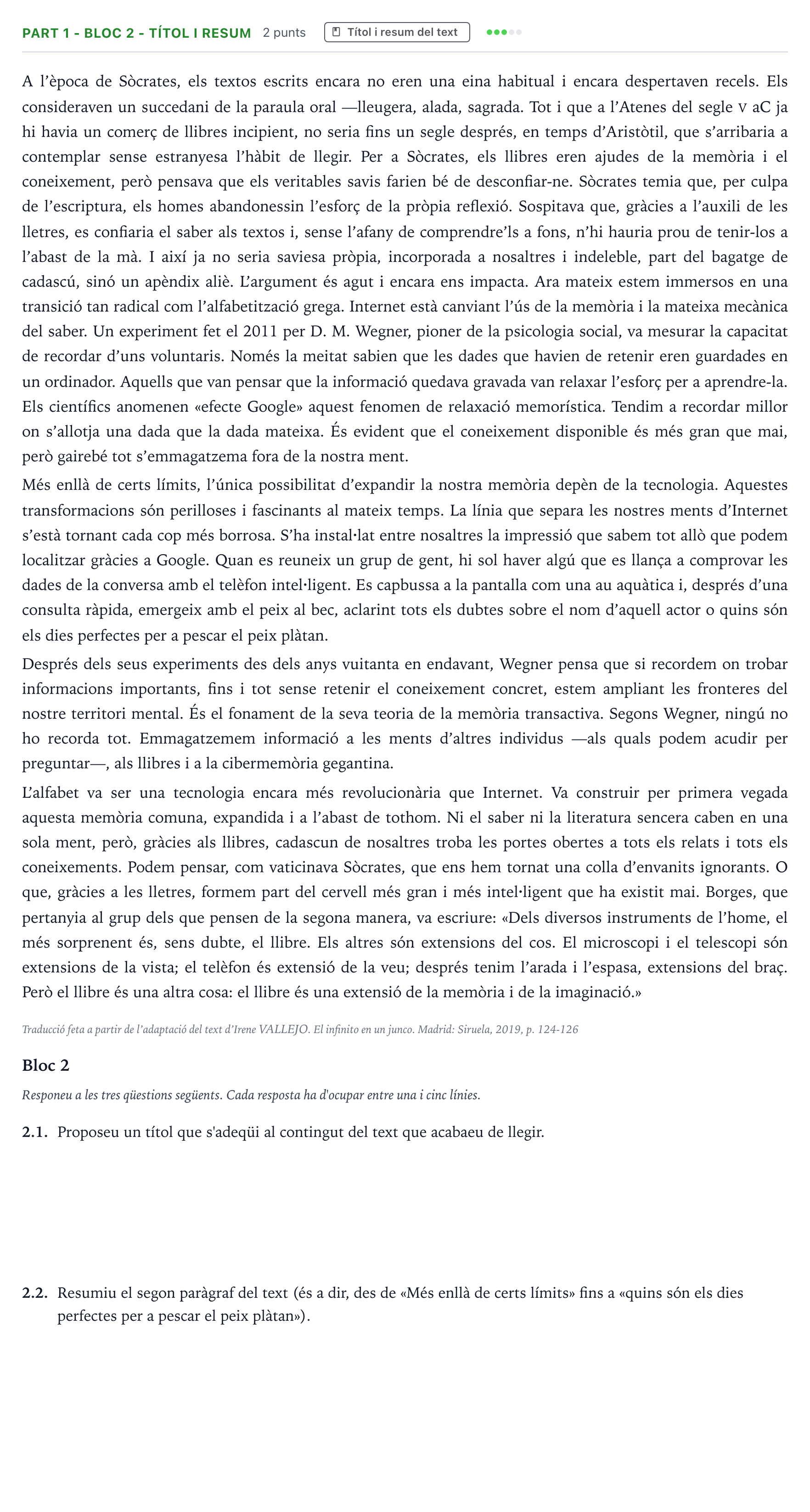 Enunciado: Part 1 - Bloc 2 - Títol i resum · Comentario de Texto Majors de 25 anys (Catalunya) Tribunal especial Serie 3 2026