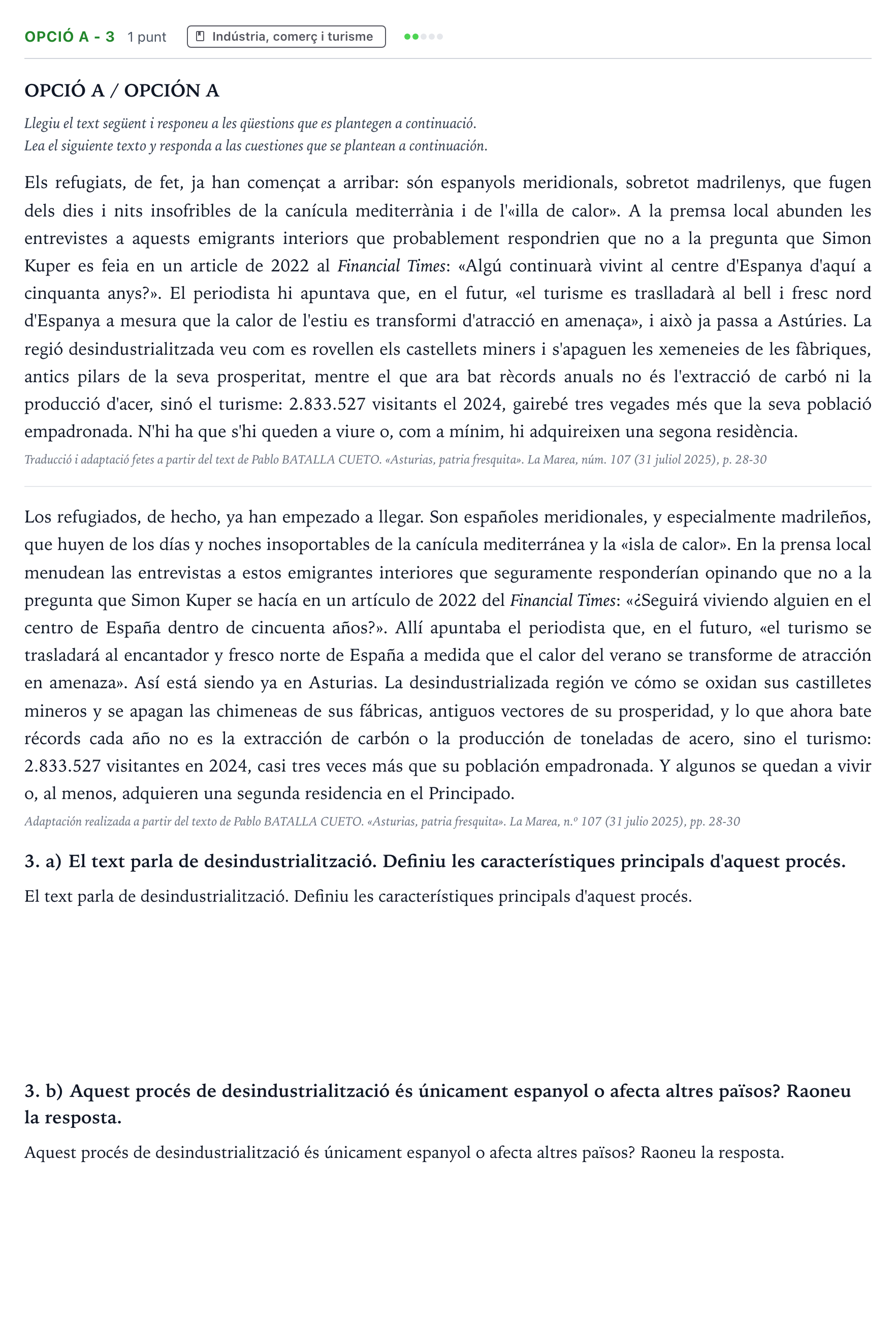 Enunciado: Ejercicio Opció A - 3 · Geografía Majors de 25 anys (Catalunya) Tribunal ordinari Serie 2 2026