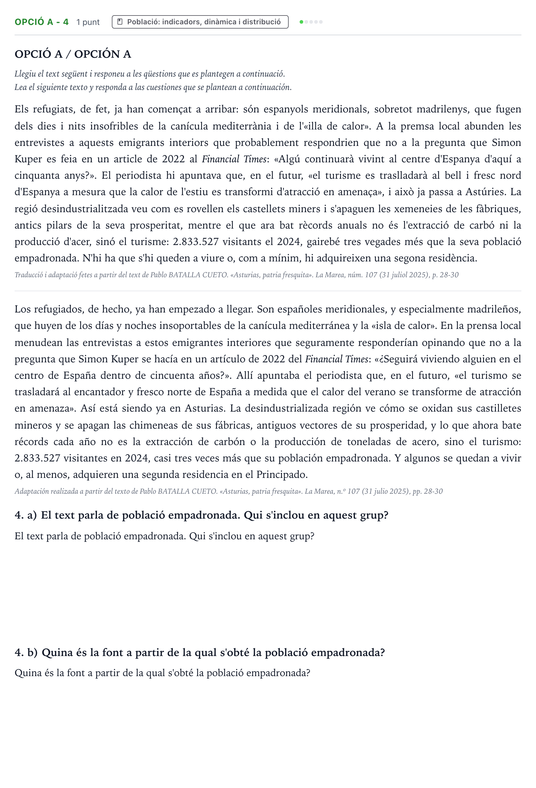 Enunciado: Ejercicio Opció A - 4 · Geografía Majors de 25 anys (Catalunya) Tribunal ordinari Serie 2 2026