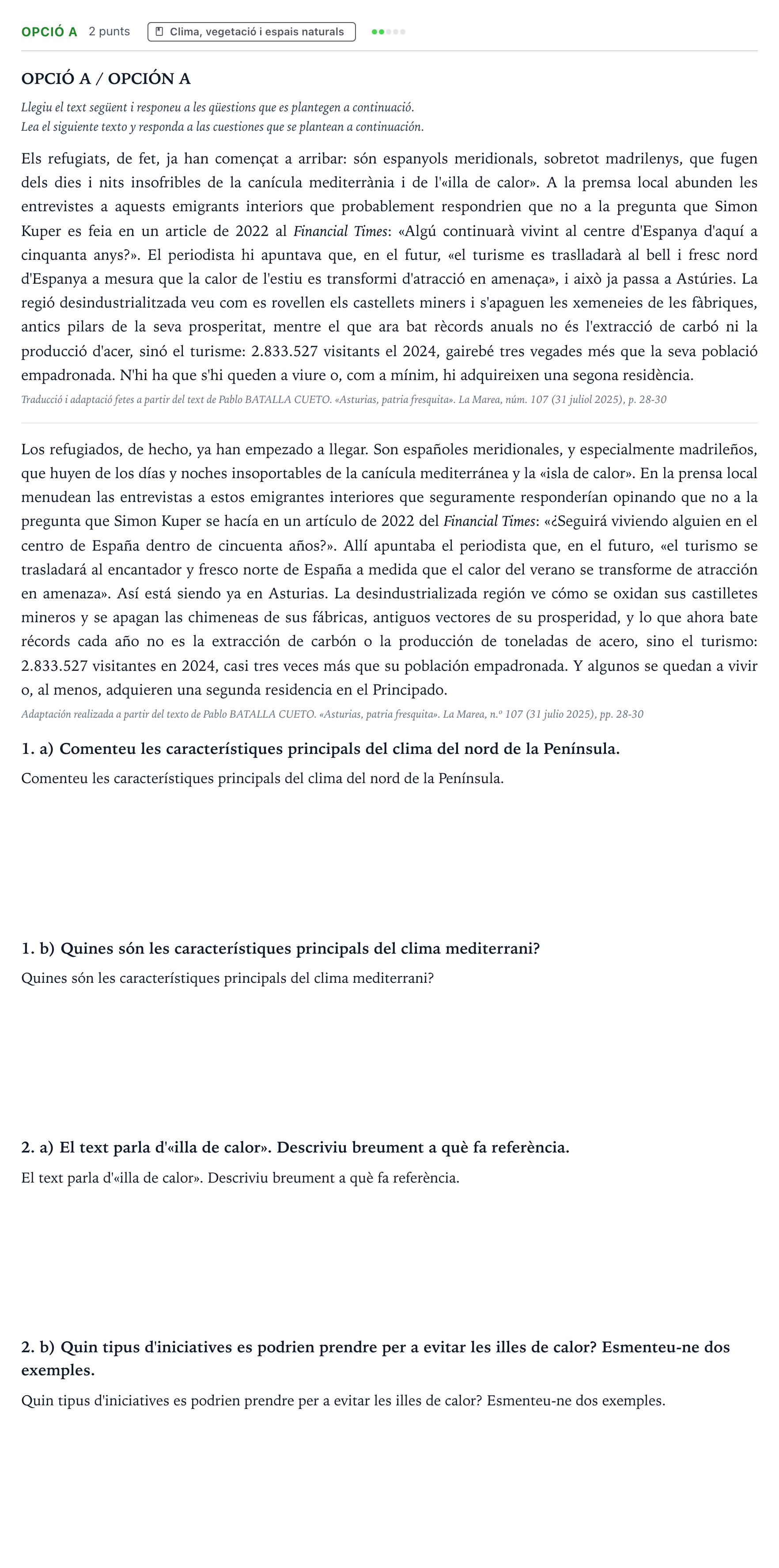 Enunciado: Ejercicio Opció A · Geografía Majors de 25 anys (Catalunya) Tribunal ordinari Serie 2 2026