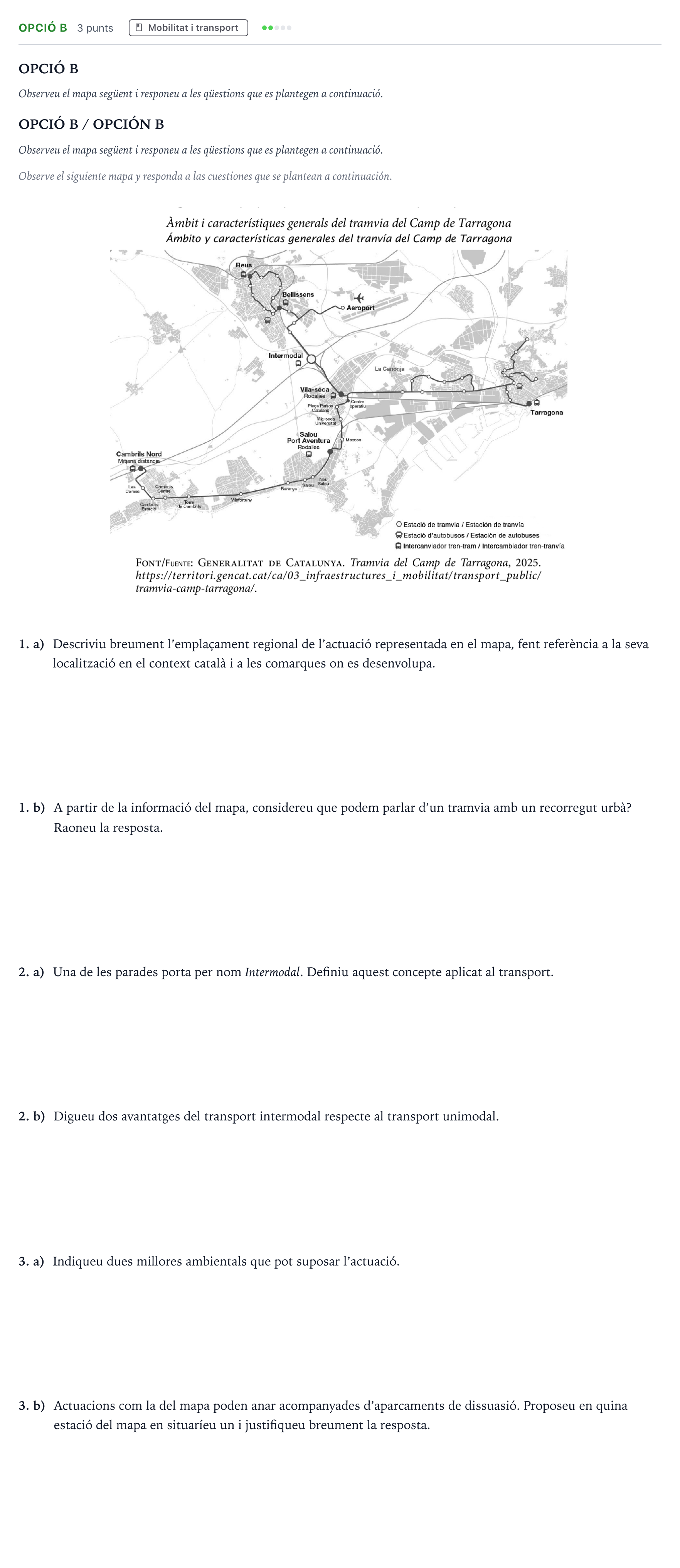 Enunciado: Ejercicio Opció B · Geografía Majors de 25 anys (Catalunya) Tribunal ordinari Serie 2 2026