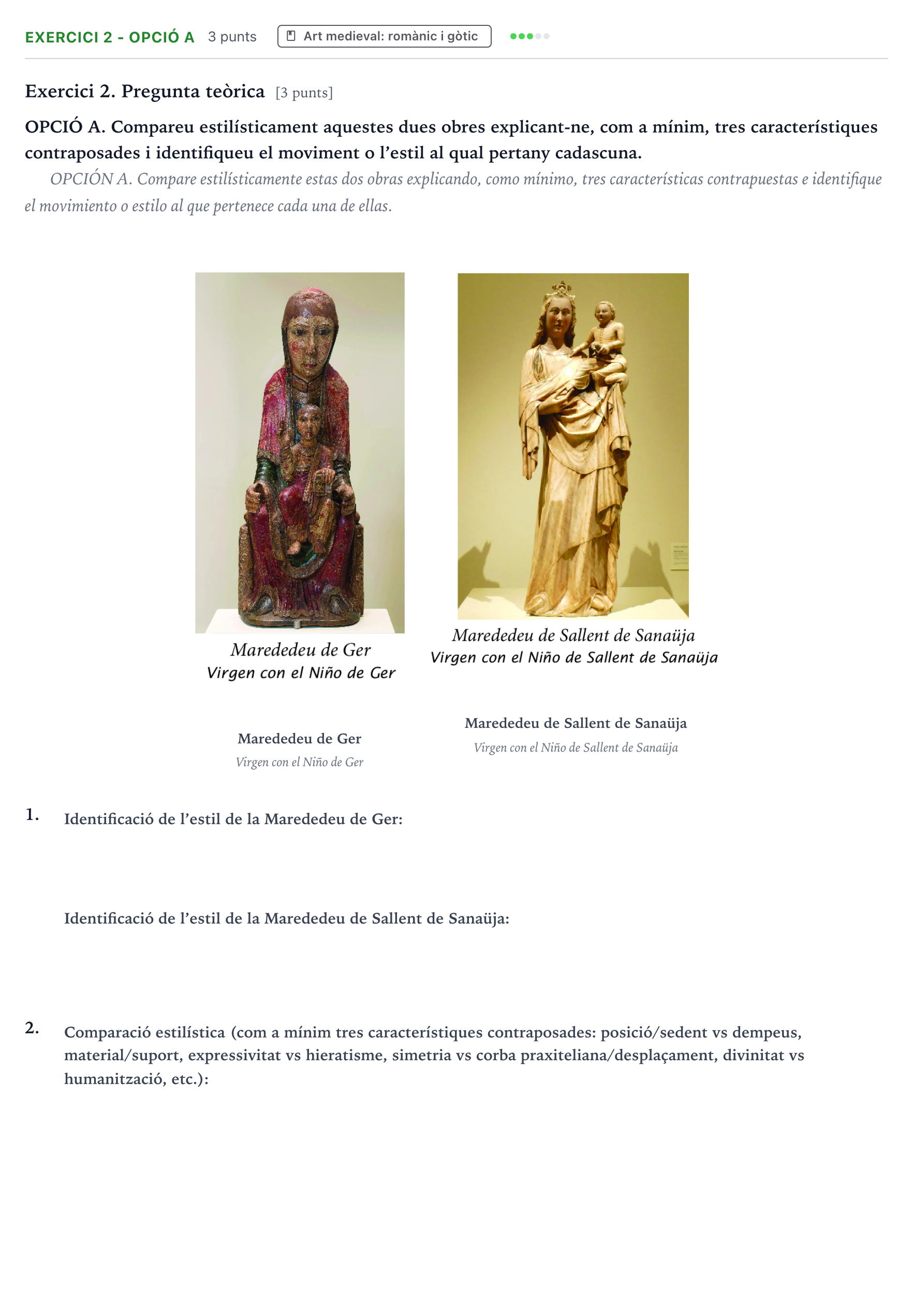 Enunciado: Exercici 2 - Opció A · Historia del Arte Majors de 25 anys (Catalunya) Tribunal especial Serie 3 2026