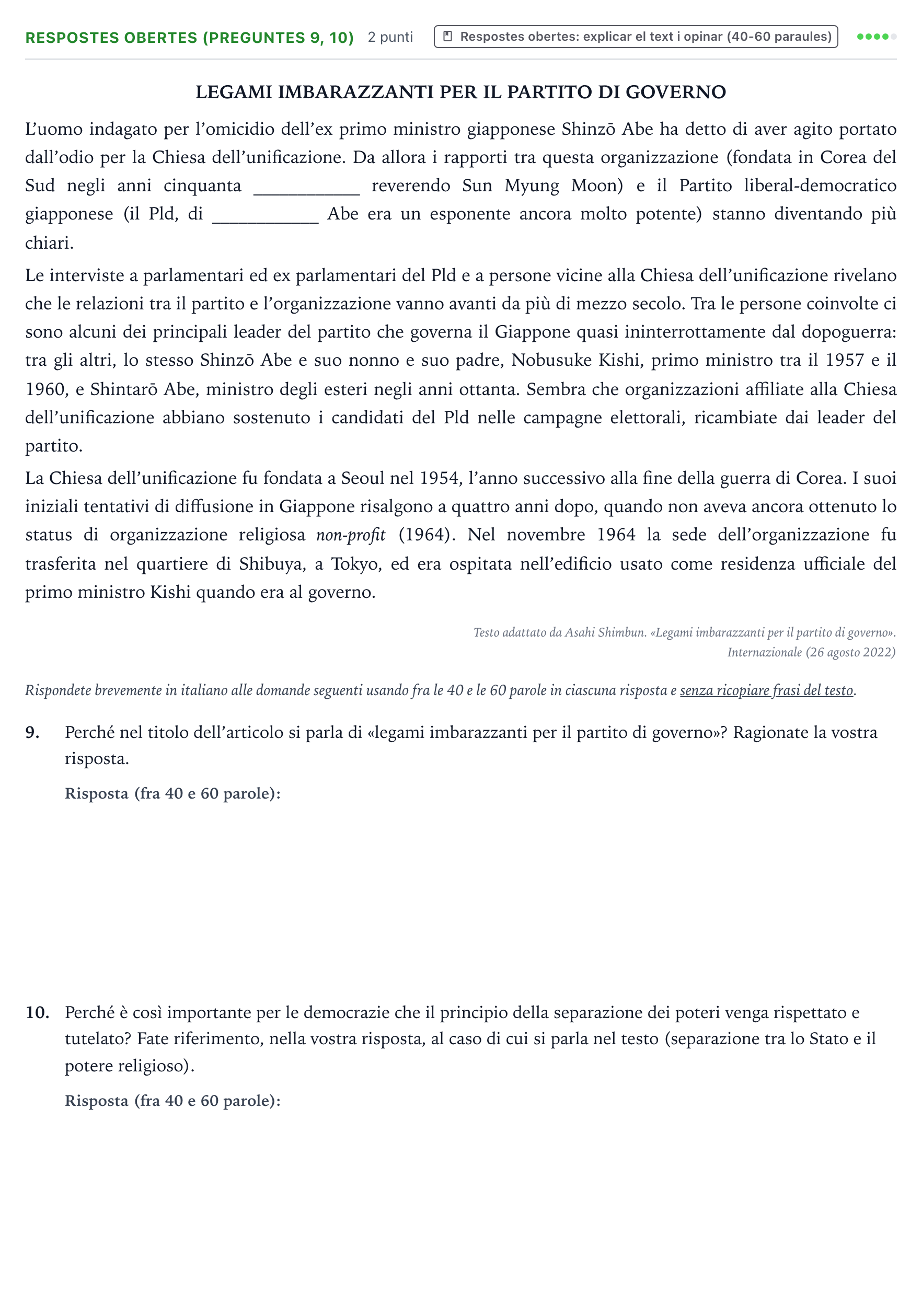 Enunciado: Ejercicio Respostes obertes (preguntes 9, 10) · Italiano Majors de 25 anys (Catalunya) Tribunal especial Serie 3 2026