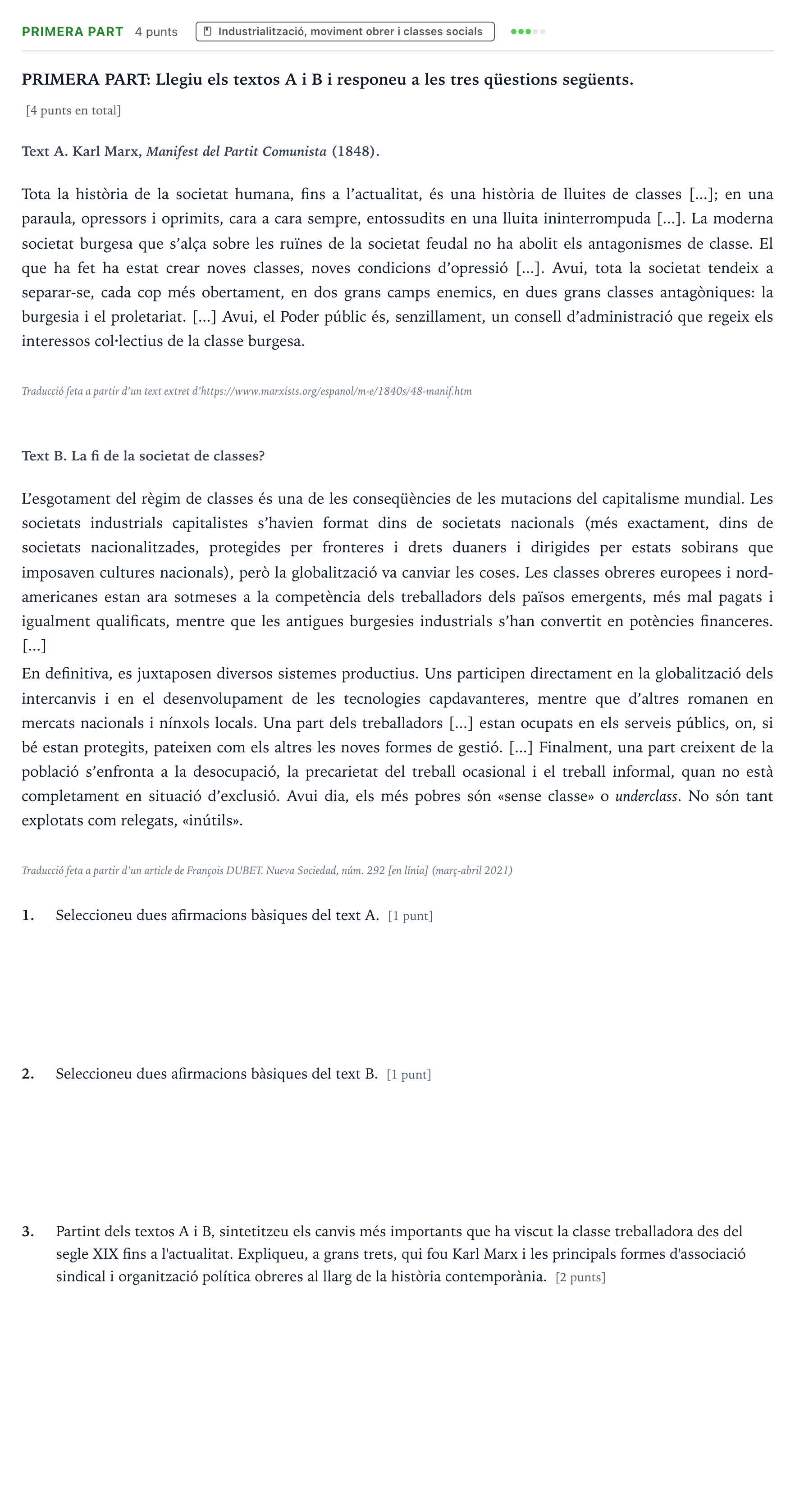 Enunciado: Ejercicio Primera part · Historia Contemporánea Majors de 25 anys (Catalunya) Tribunal ordinari Serie 2 2026