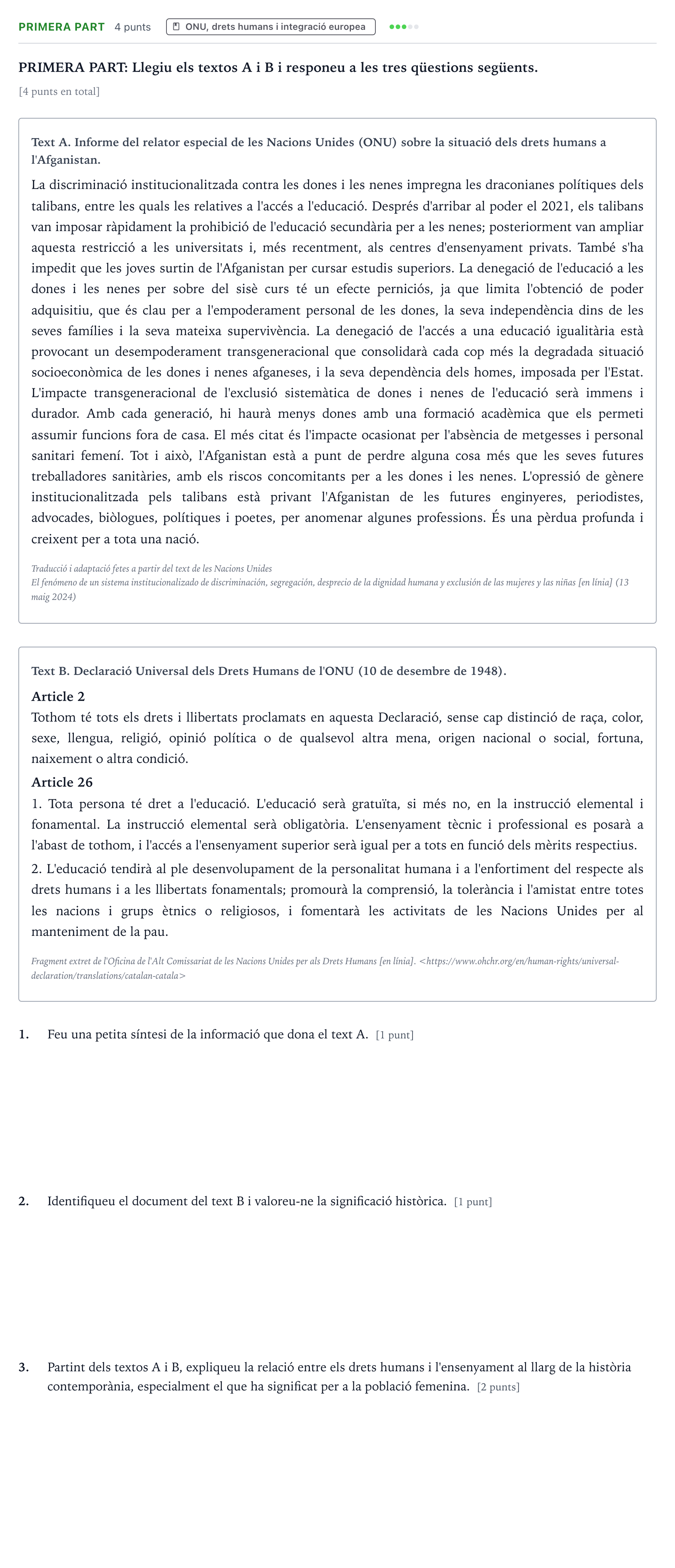 Enunciado: Ejercicio Primera part · Historia Contemporánea Majors de 25 anys (Catalunya) Tribunal especial Serie 3 2026