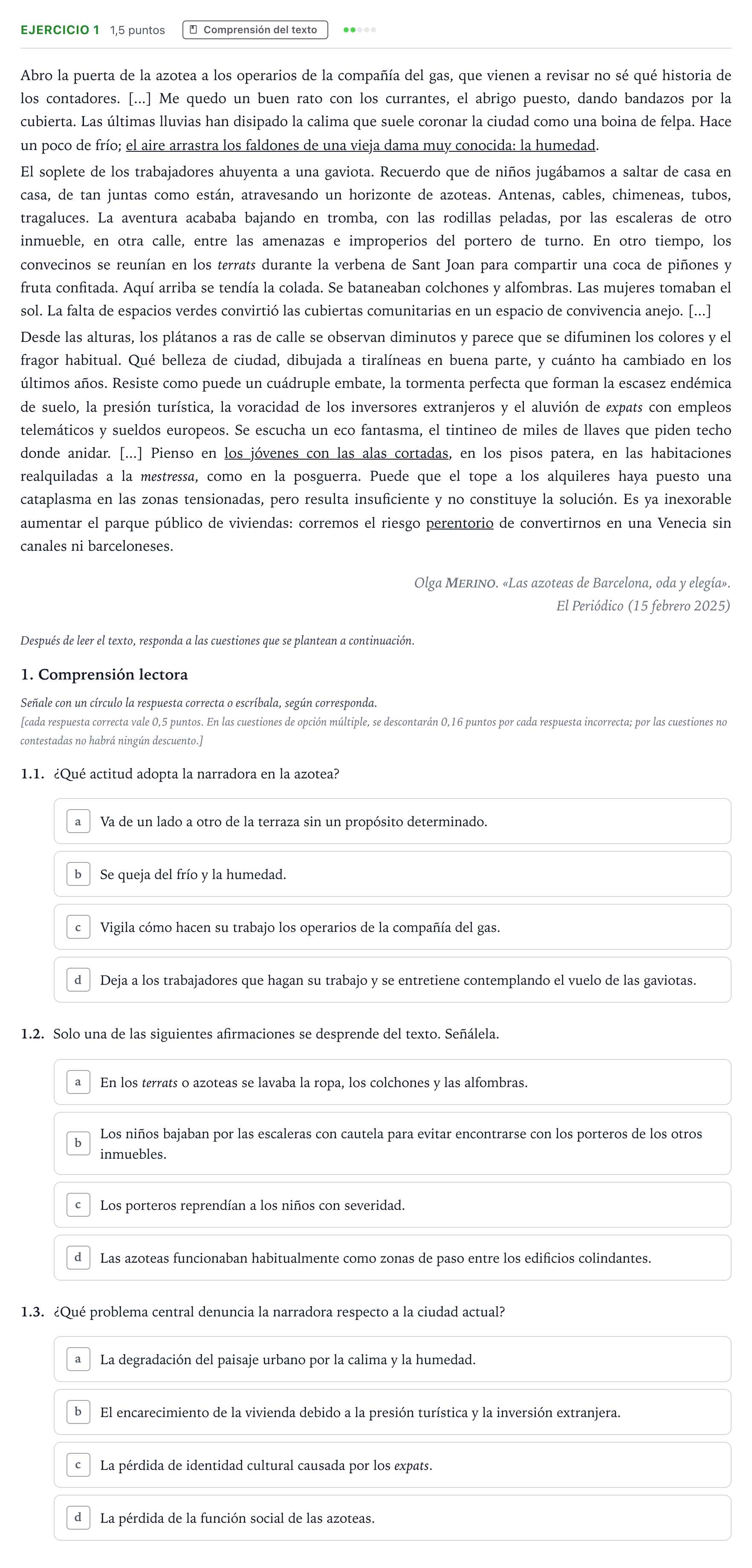 Enunciado: Ejercicio 1 - Comprensión del texto · Lengua Castellana Majors de 25 anys (Catalunya) Tribunal ordinari Serie 2 2026