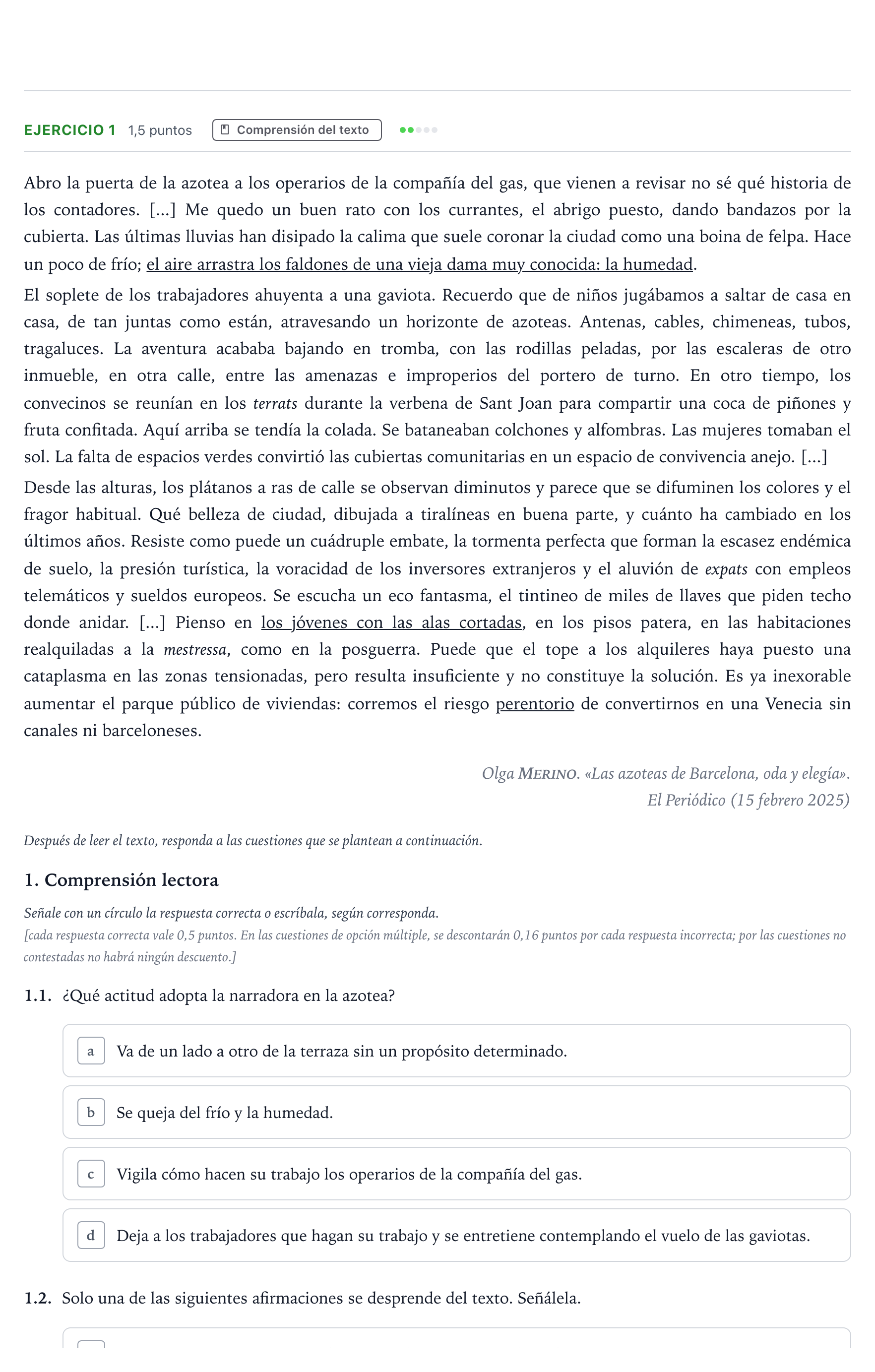 Enunciado: Ejercicio 1 - Recursos expresivos y sentido figurado · Lengua Castellana Majors de 25 anys (Catalunya) Tribunal ordinari Serie 2 2026