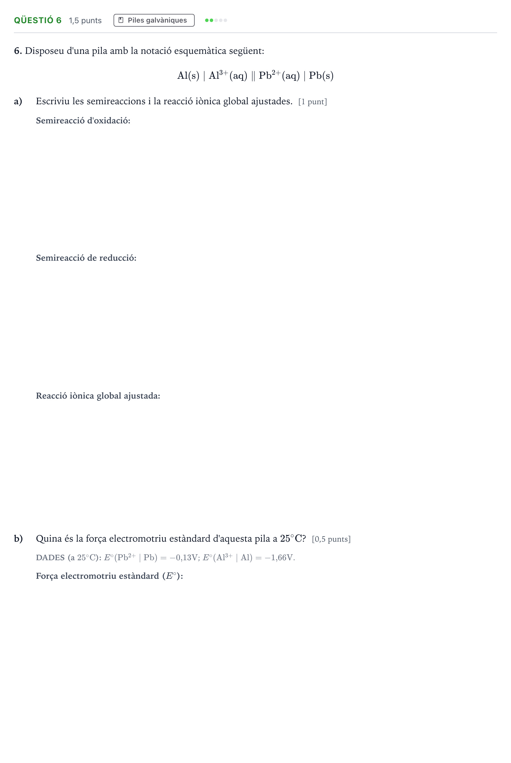 Enunciado: Ejercicio Qüestió 6 · Química Majors de 25 anys (Catalunya) Tribunal especial Serie 3 2026