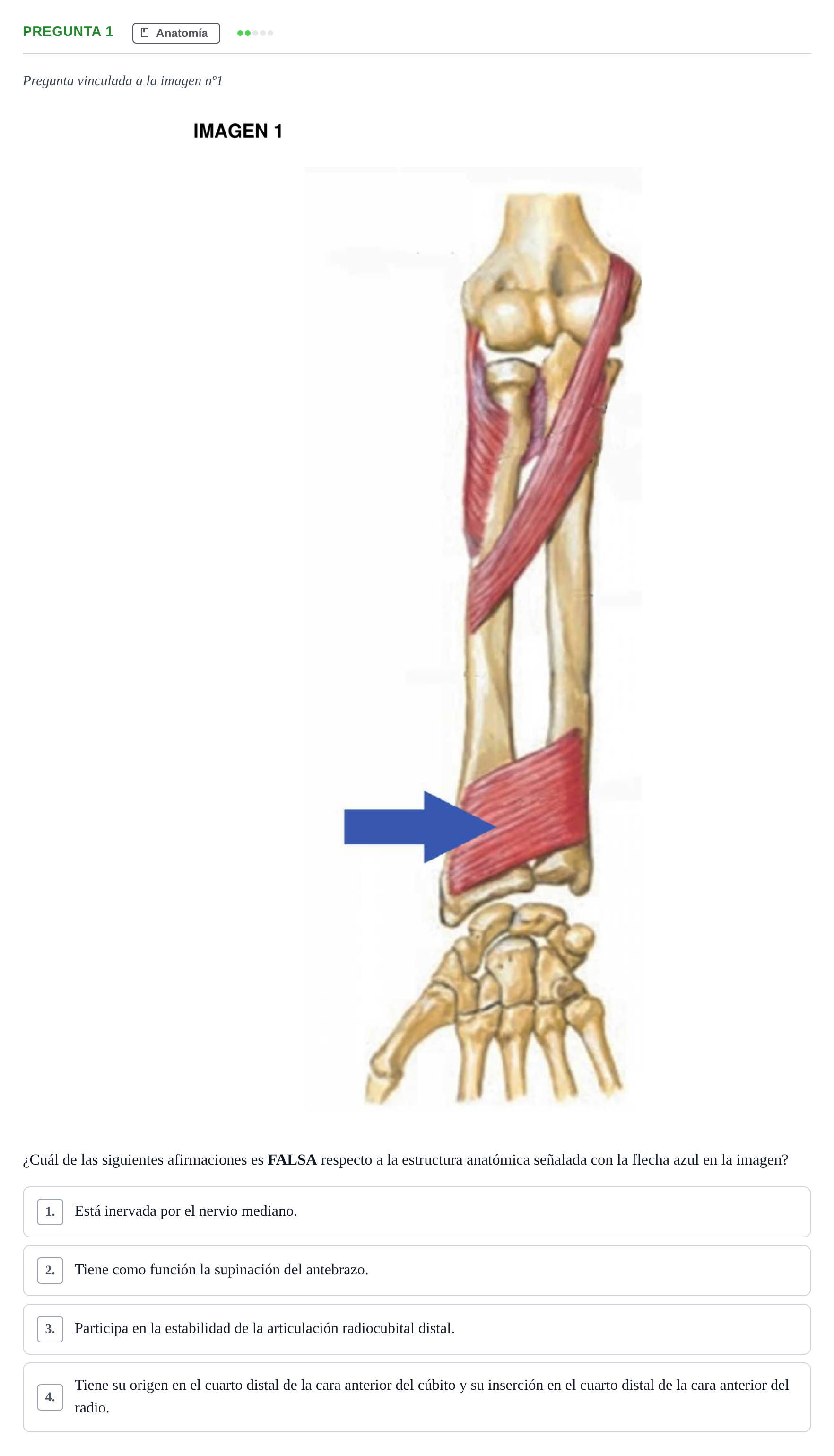 Enunciado: Pregunta 1 · MIR 2017 — Músculo pronador cuadrado: anatomía y función