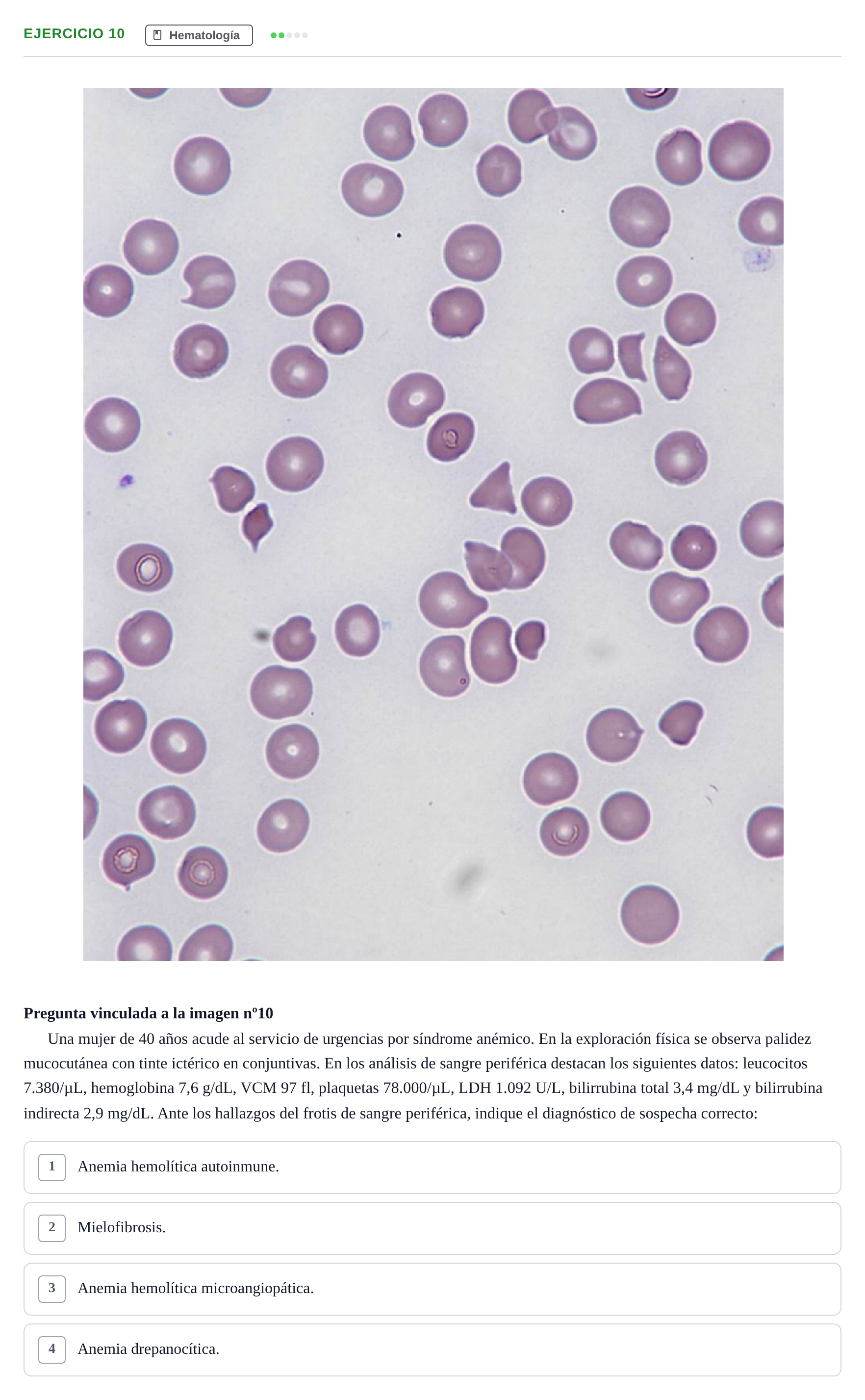 Enunciado: Pregunta 10 · MIR 2018 — Anemia hemolítica con trombopenia: frotis de sangre periférica