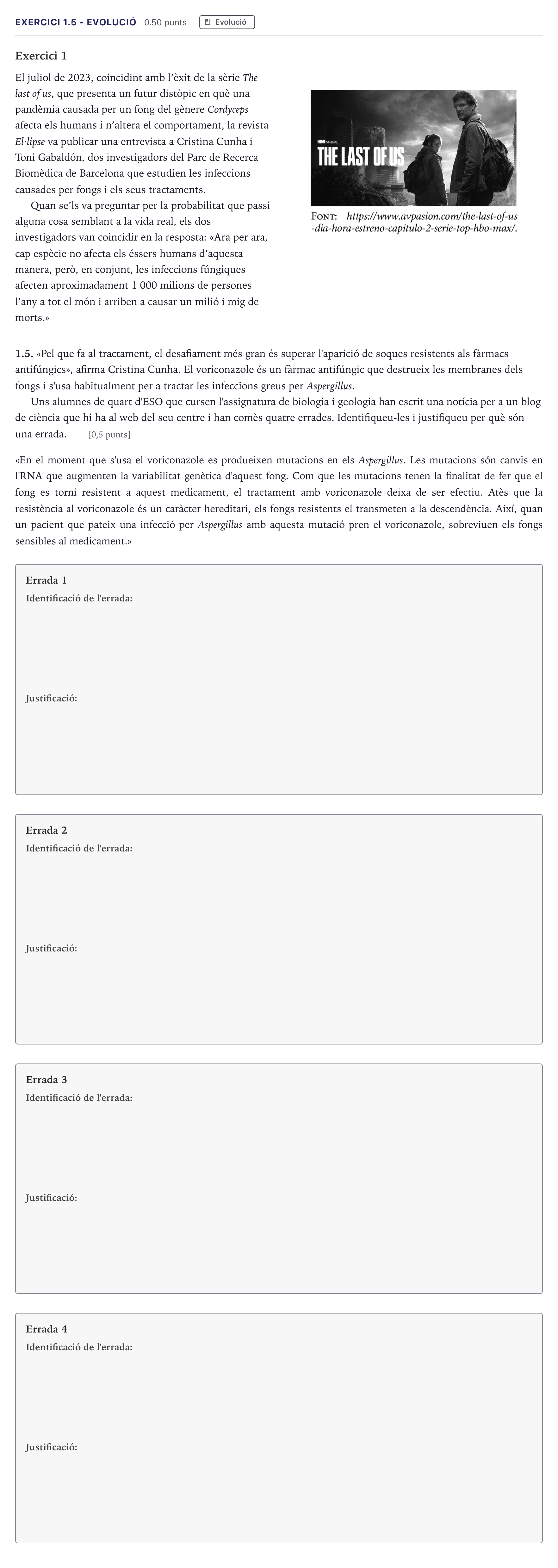 Enunciado: Exercici 1.5 - Evolució · Biología Selectividad Cataluña Juny Extraordinaria 2026