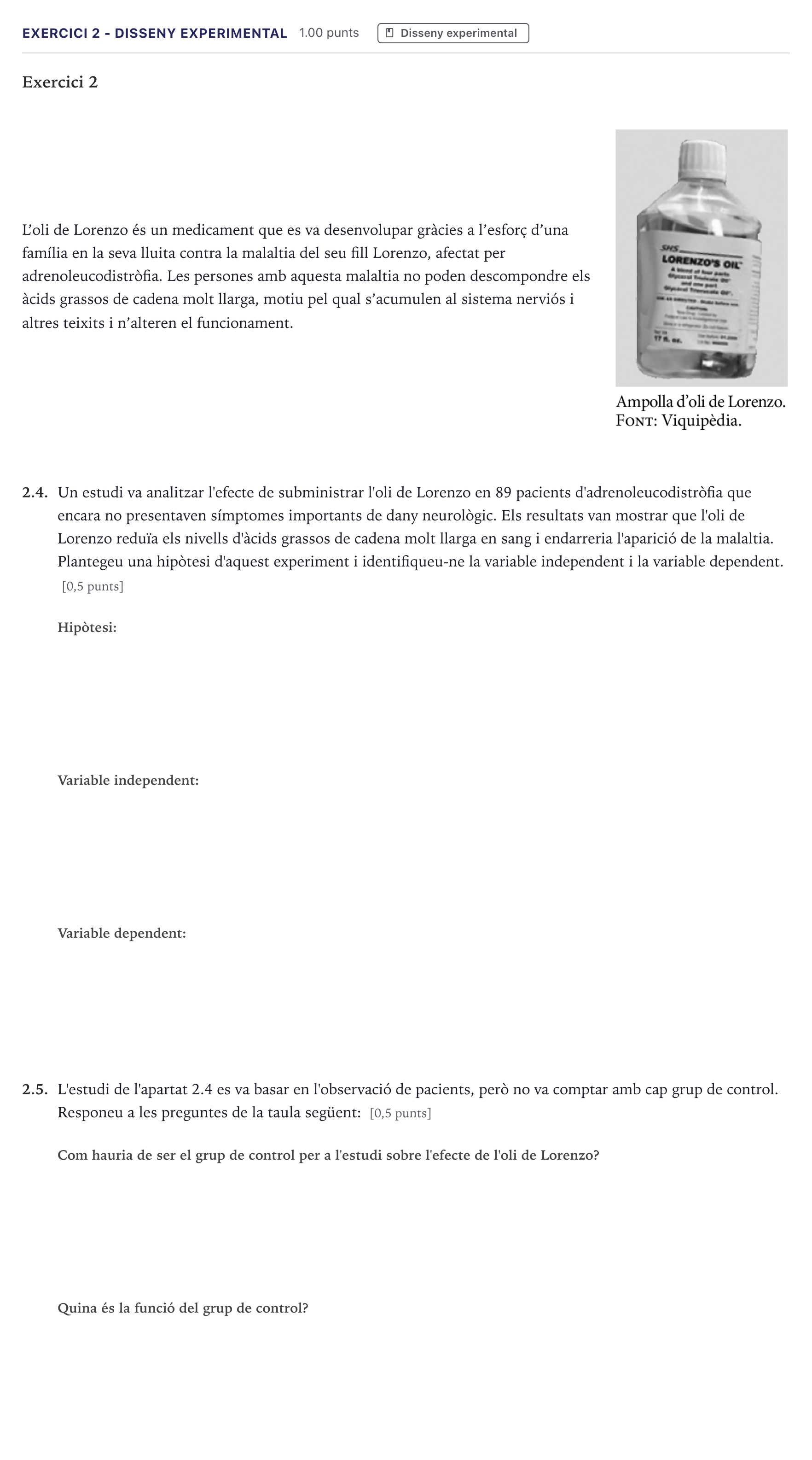Enunciado: Exercici 2 - Disseny experimental · Biología Selectividad Cataluña Juny Extraordinaria 2026