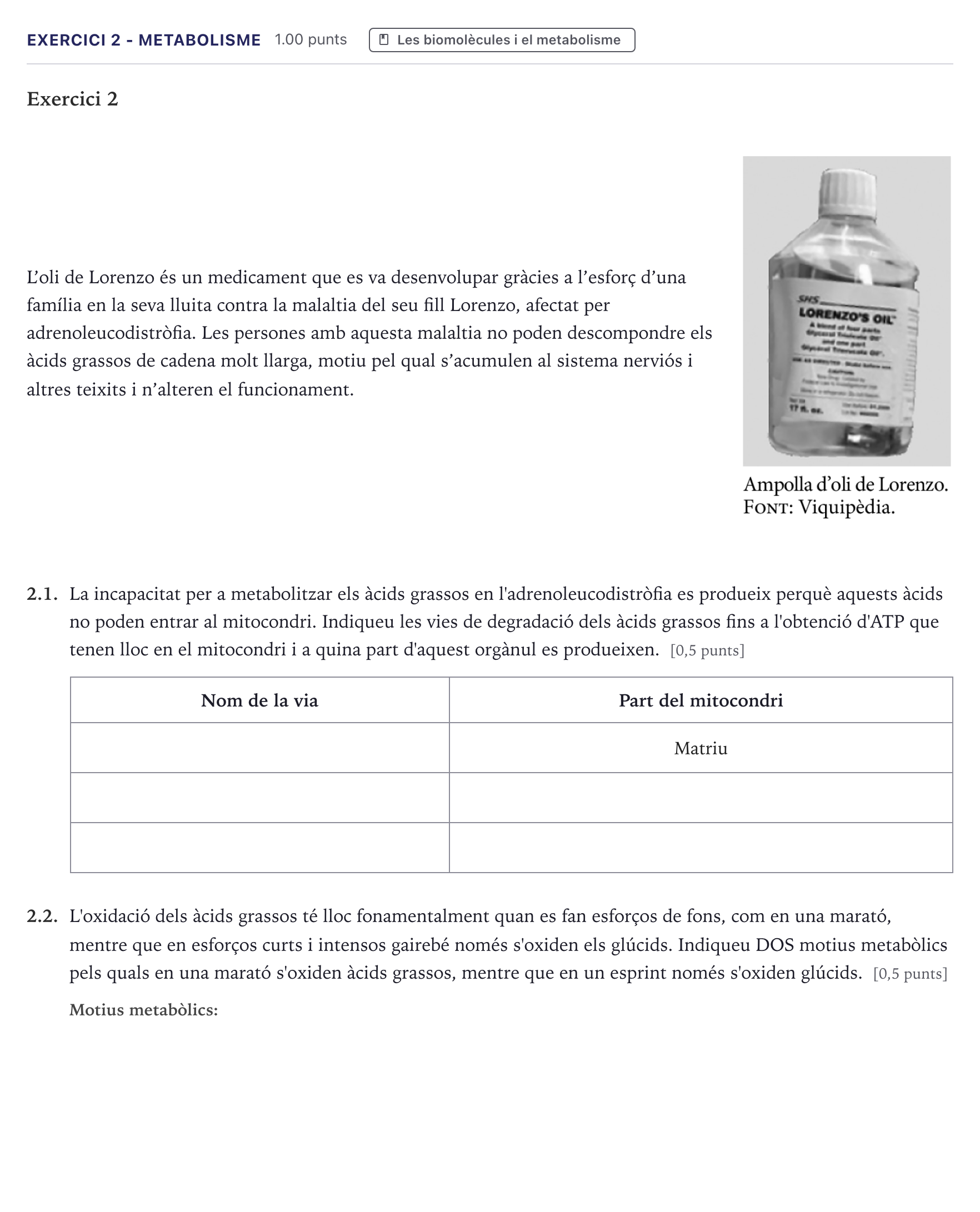 Enunciado: Exercici 2 - Metabolisme · Biología Selectividad Cataluña Juny Extraordinaria 2026