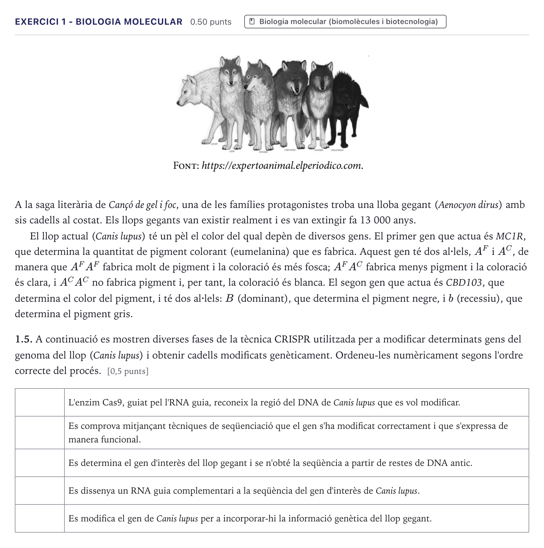 Enunciado: Ejercicio 1 - Biologia molecular · Biología Selectividad Cataluña Juny Ordinaria 2026