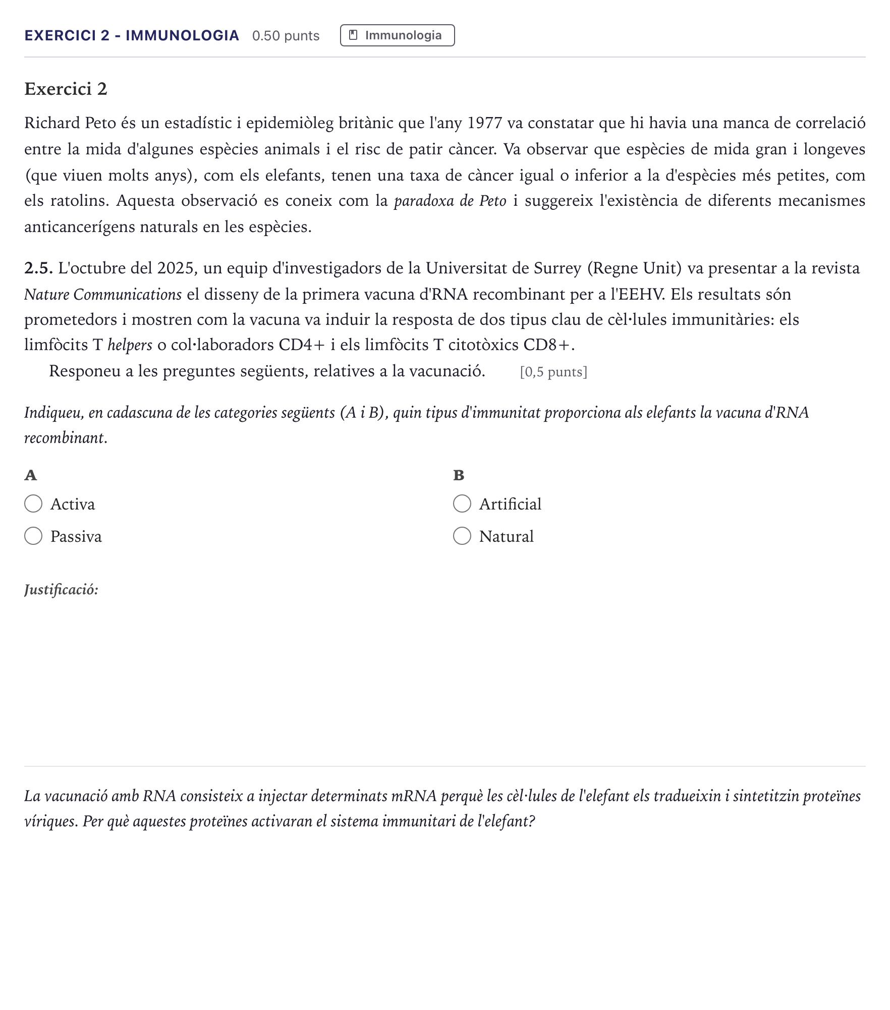 Enunciado: Ejercicio 2 - Immunologia · Biología Selectividad Cataluña Juny Ordinaria 2026