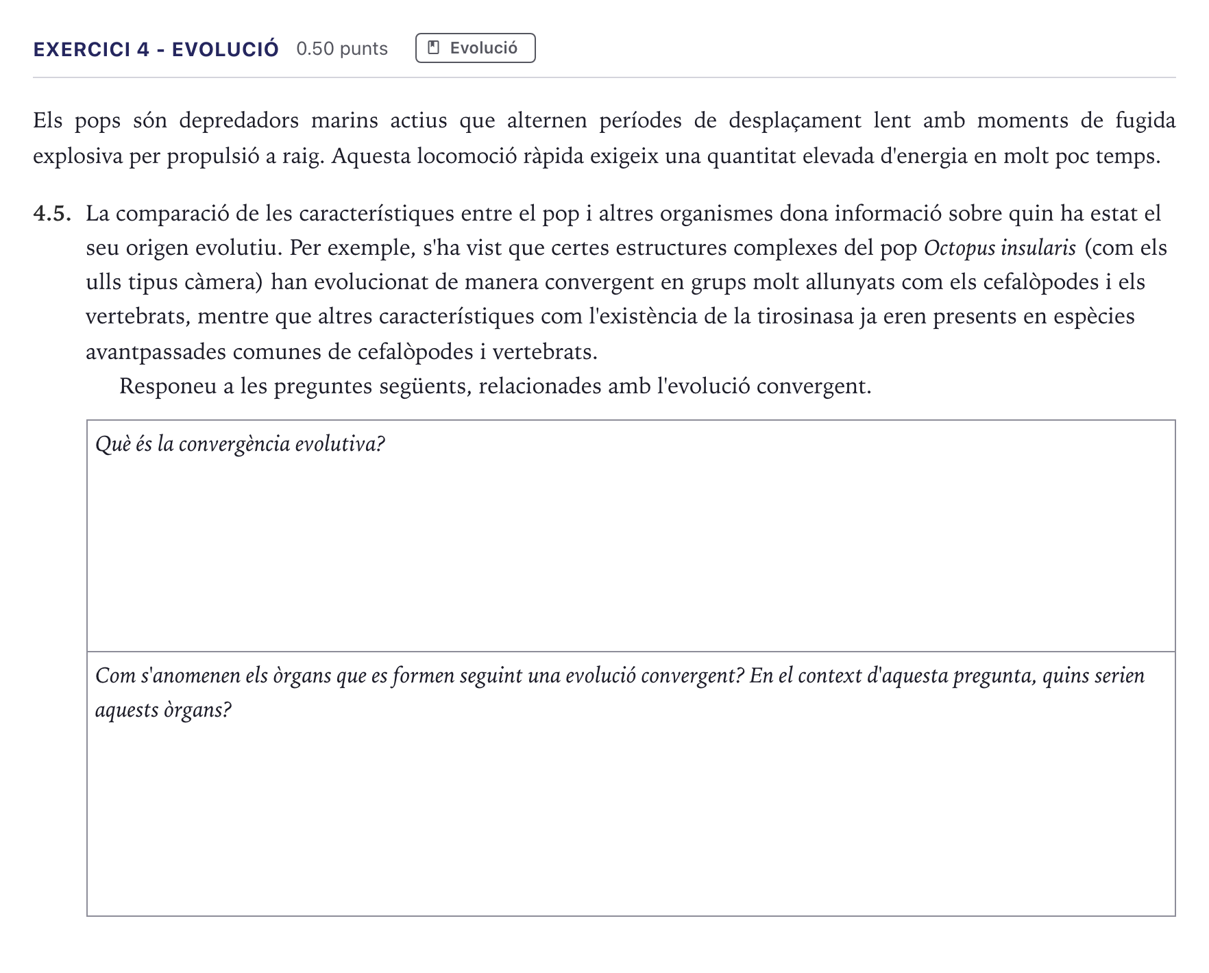 Enunciado: Ejercicio 4 - Evolució · Biología Selectividad Cataluña Juny Ordinaria 2026