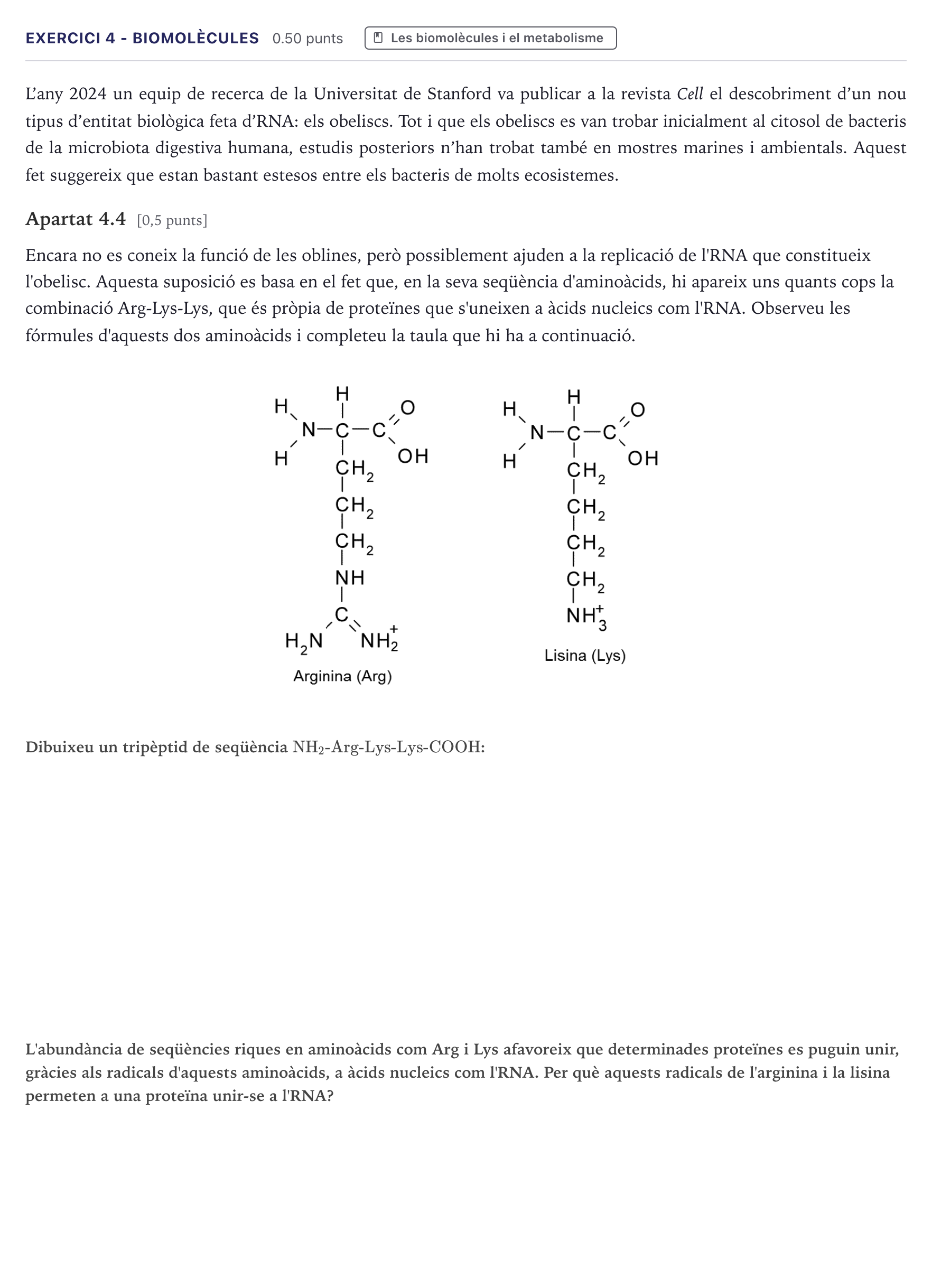 Enunciado: Exercici 4 - Biomolècules · Biología Selectividad Cataluña Setembre 2026