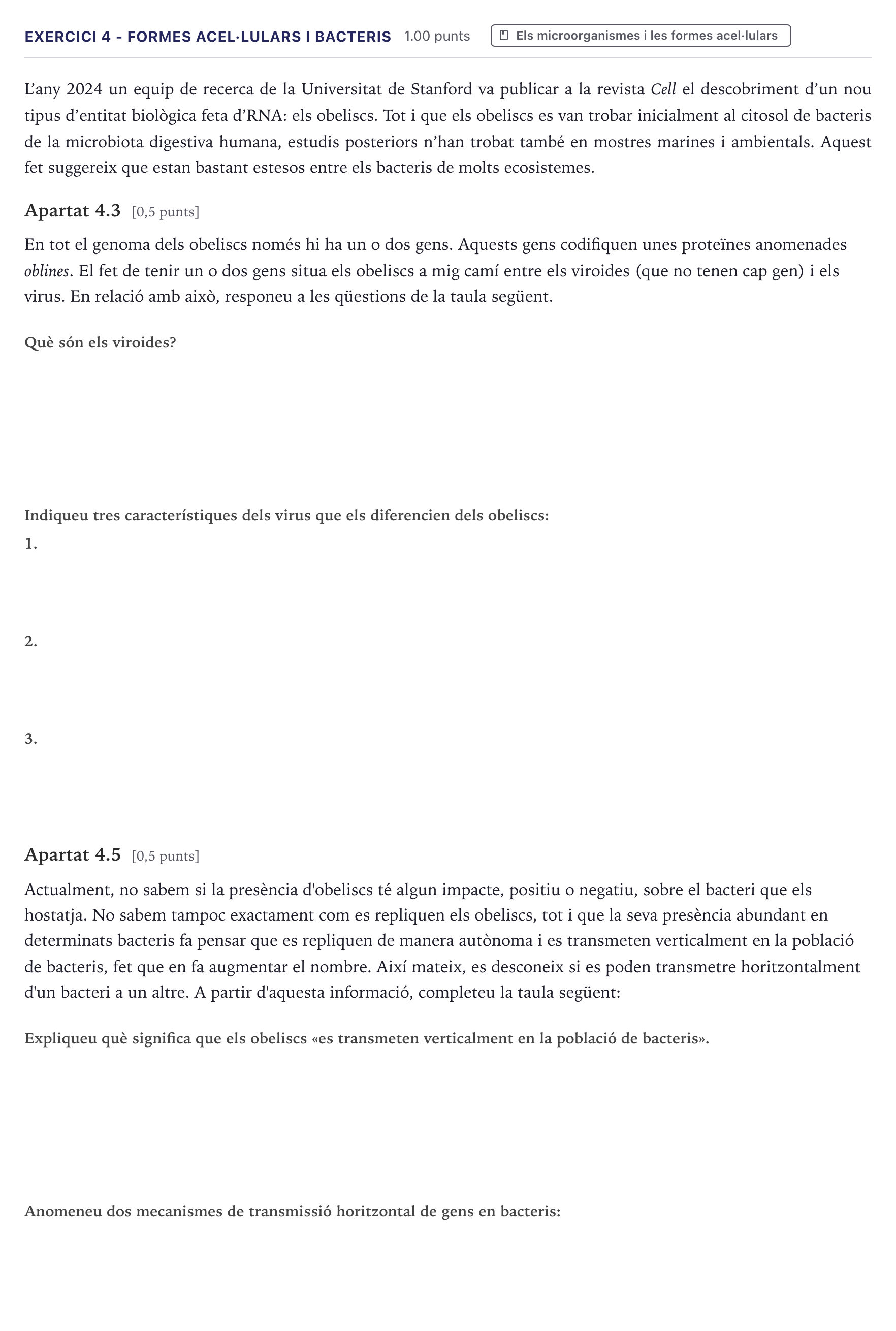 Enunciado: Exercici 4 - Formes acel·lulars i bacteris · Biología Selectividad Cataluña Setembre 2026