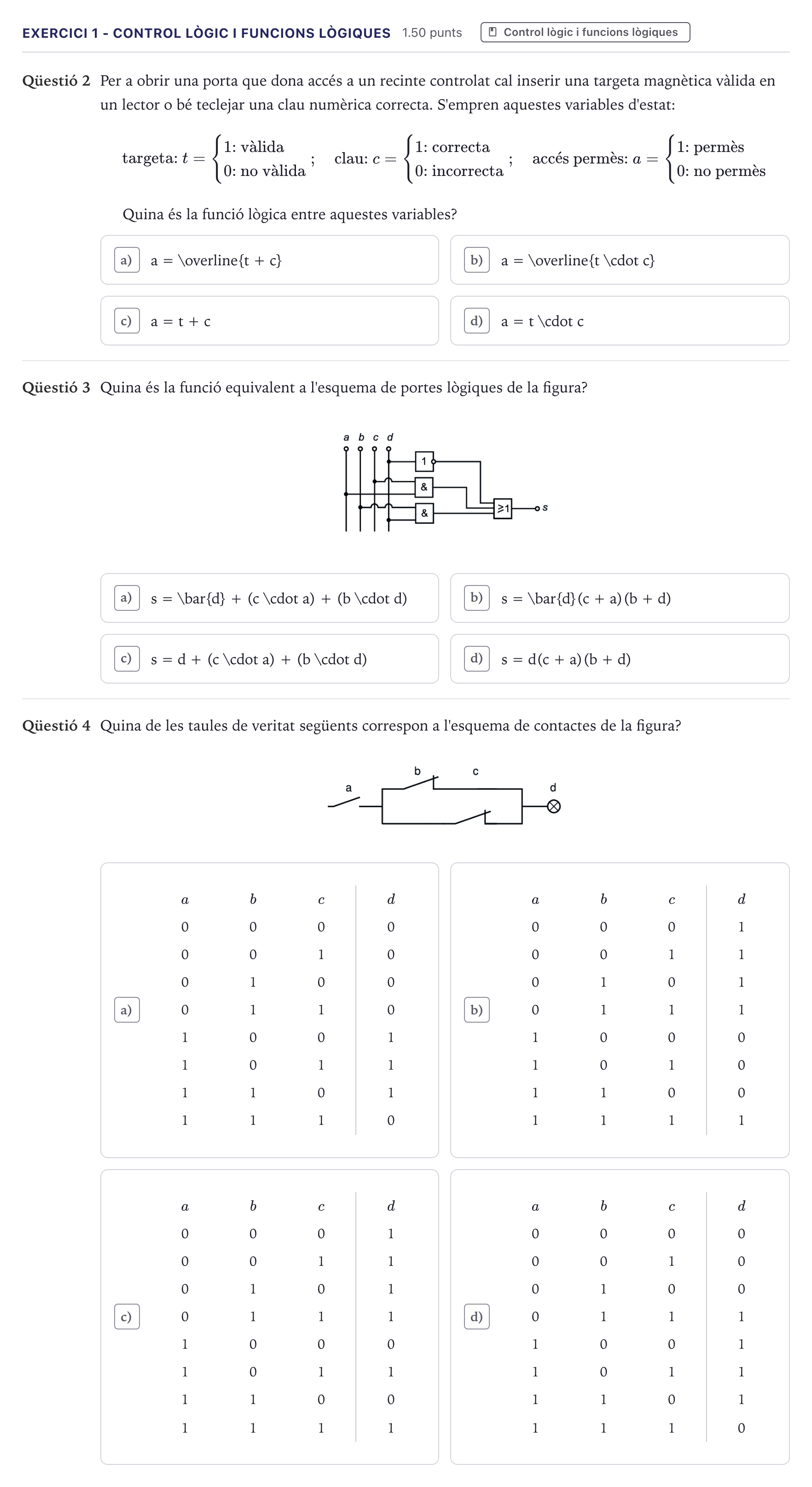 Enunciado: Exercici 1 - Control lògic i funcions lògiques · Tecnologia Industrial Selectividad Cataluña Setembre Serie 2 2026