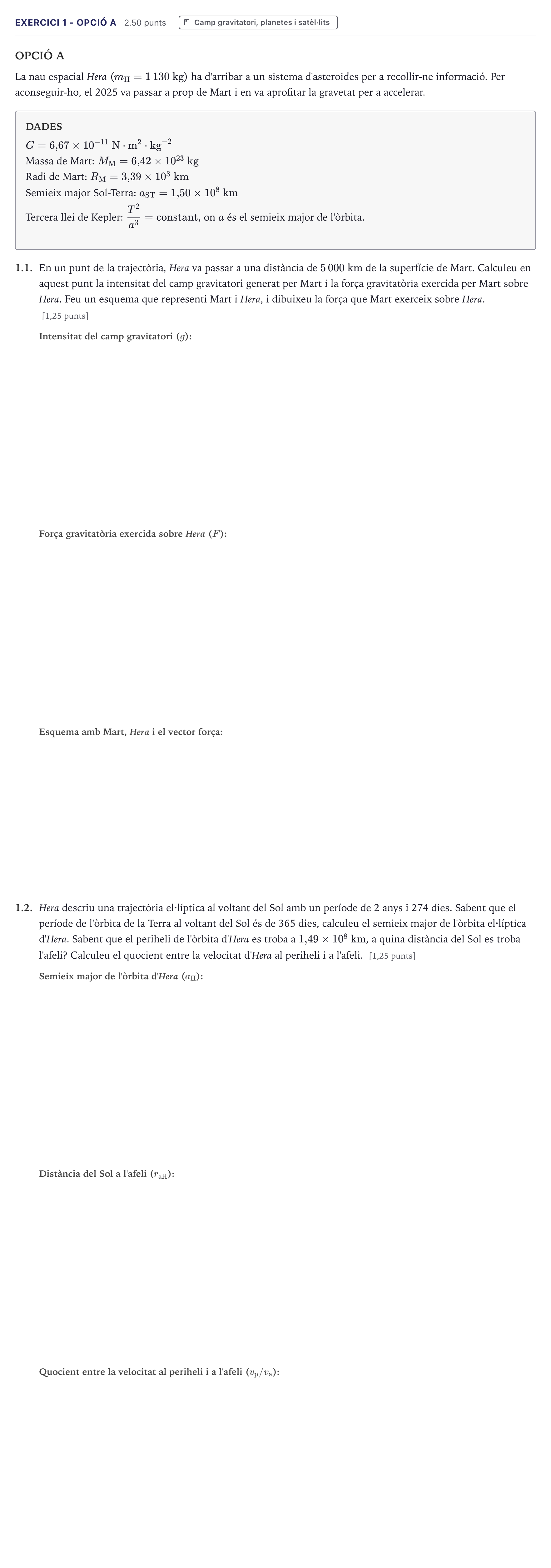 Enunciado: Exercici 1 - Opció A · Física Selectividad Cataluña Juny Serie 5 2026