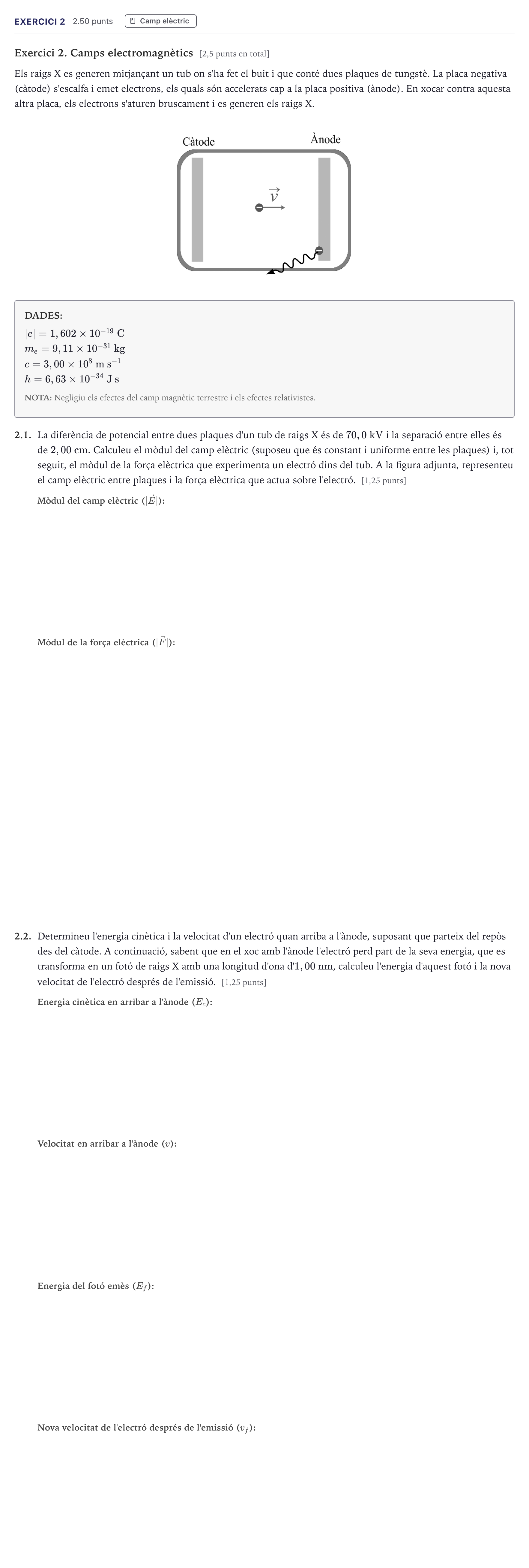 Enunciado: Exercici 2 · Física Selectividad Cataluña Juny Serie 1 2026