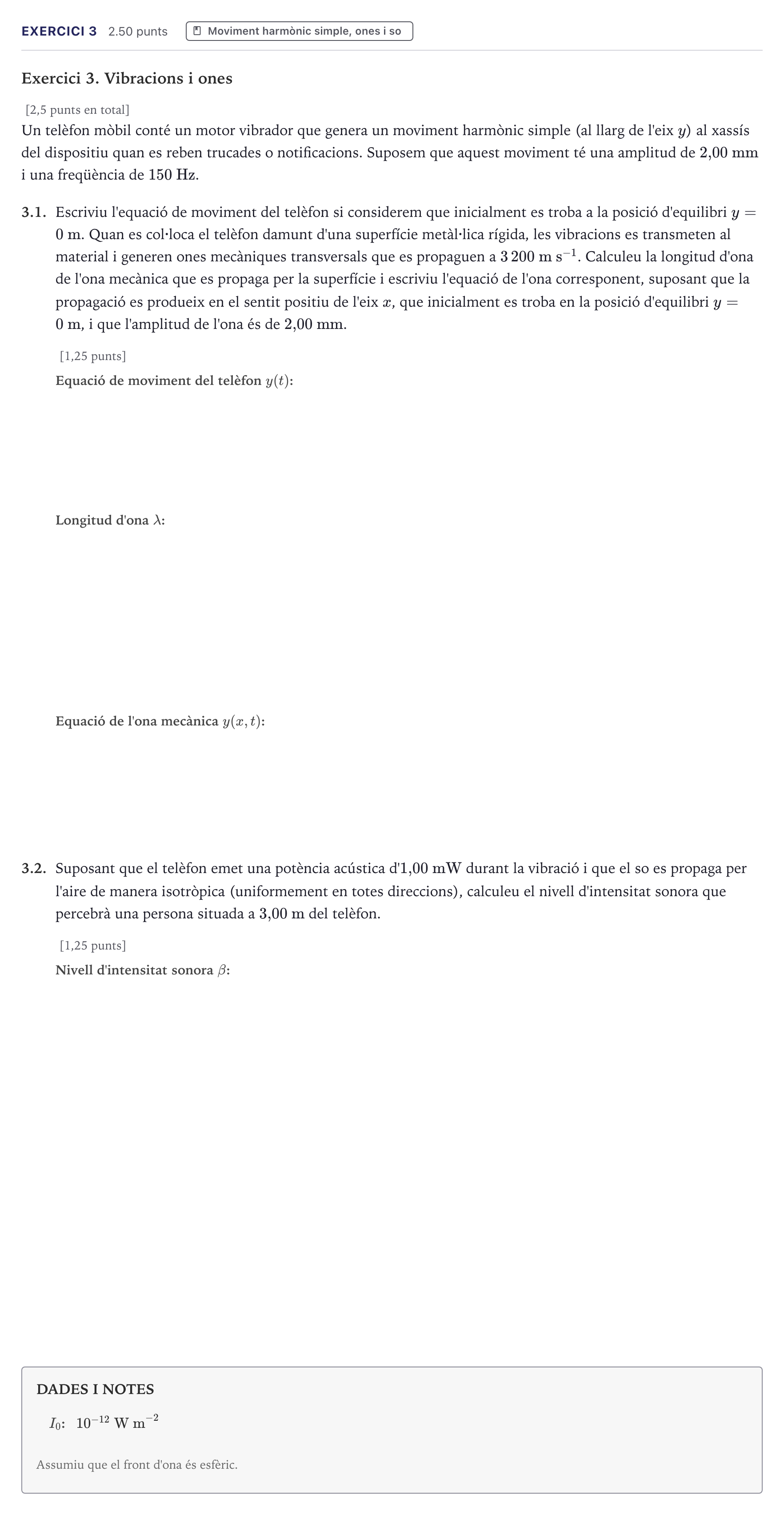 Enunciado: Exercici 3 · Física Selectividad Cataluña Juny Serie 1 2026