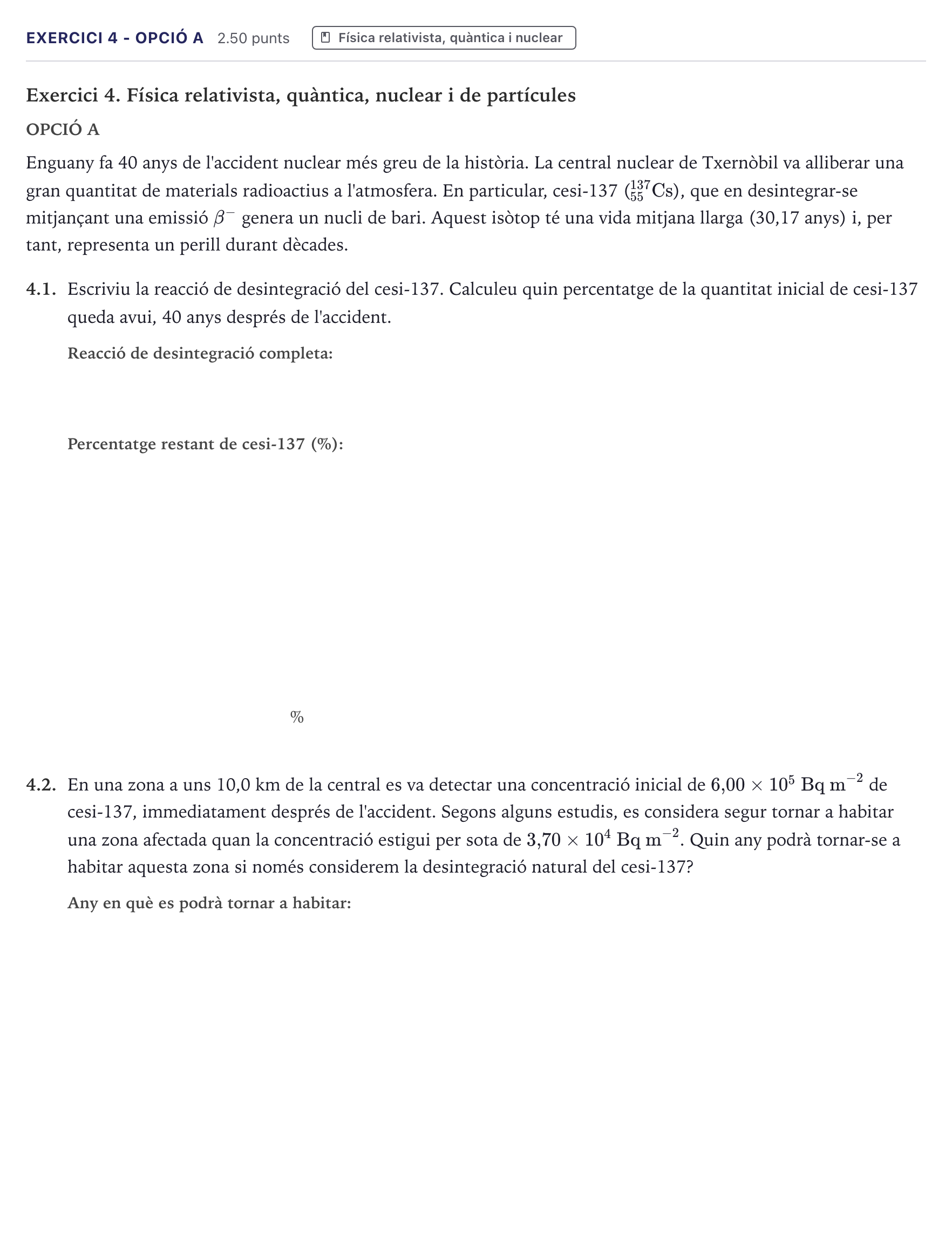 Enunciado: Exercici 4 - Opció A · Física Selectividad Cataluña Juny Serie 1 2026