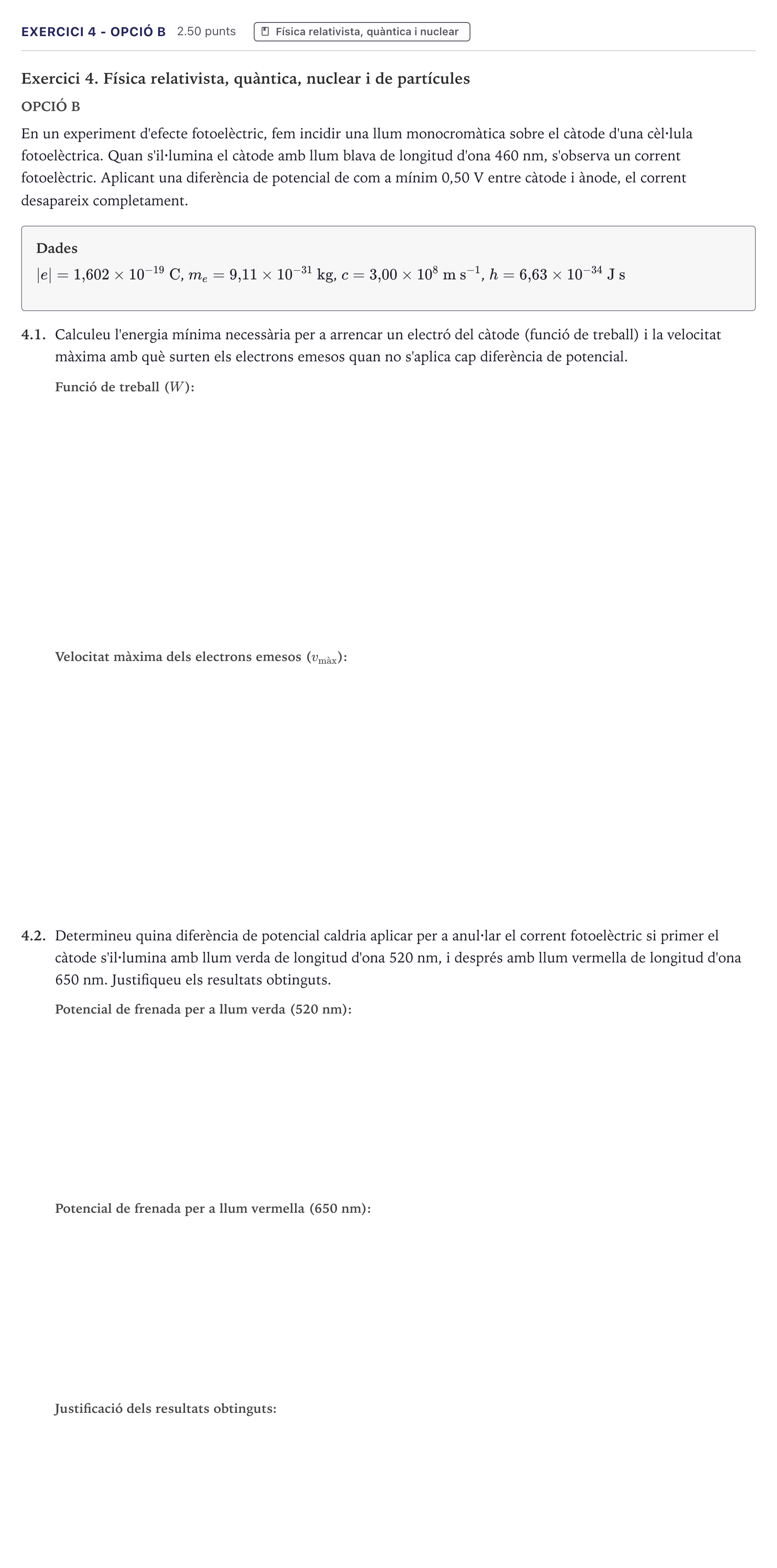 Enunciado: Exercici 4 - Opció B · Física Selectividad Cataluña Juny Serie 1 2026