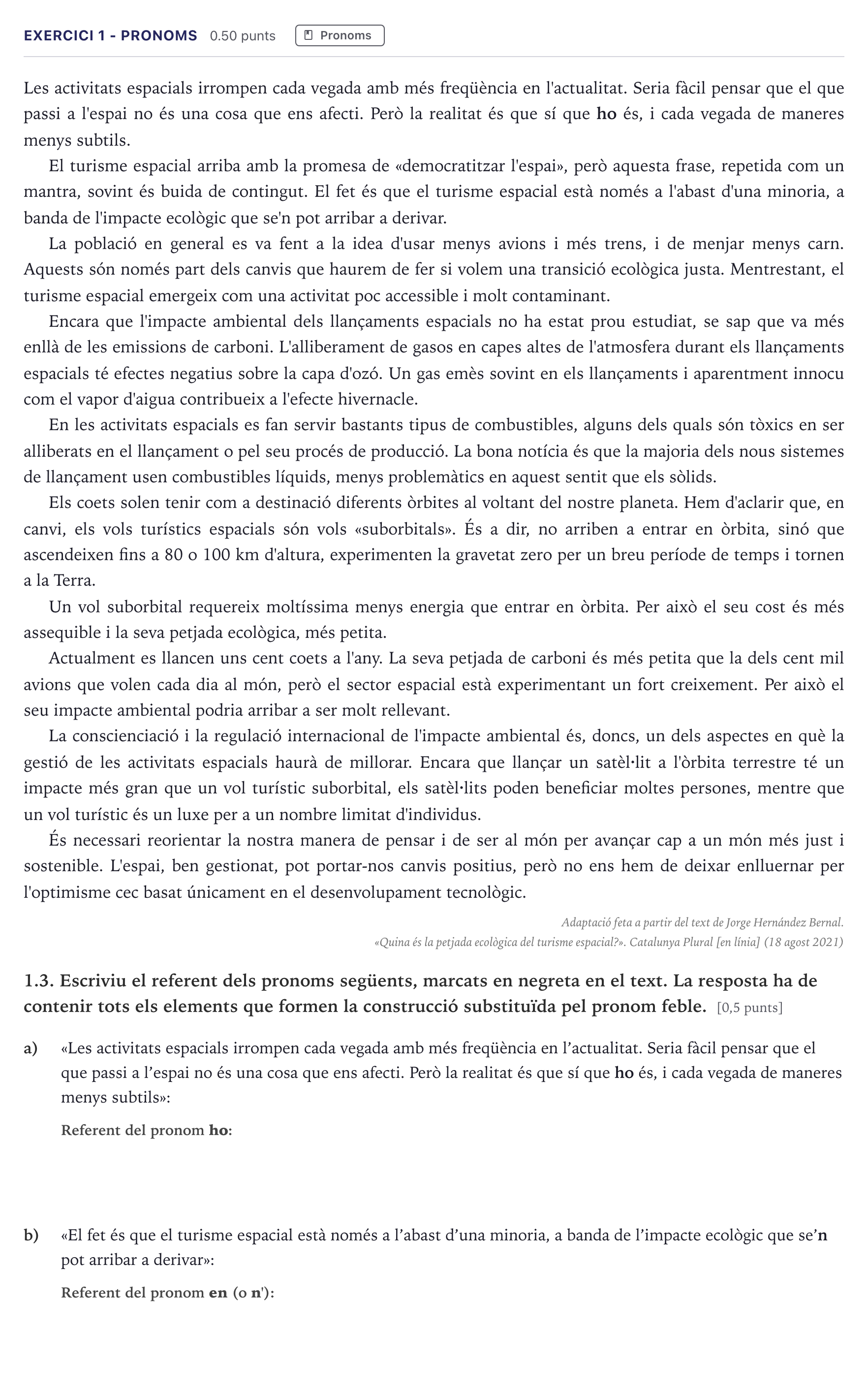 Enunciado: Ejercicio 1 - Pronoms · Lengua Catalana y Literatura II Selectividad Cataluña Serie 2 2026