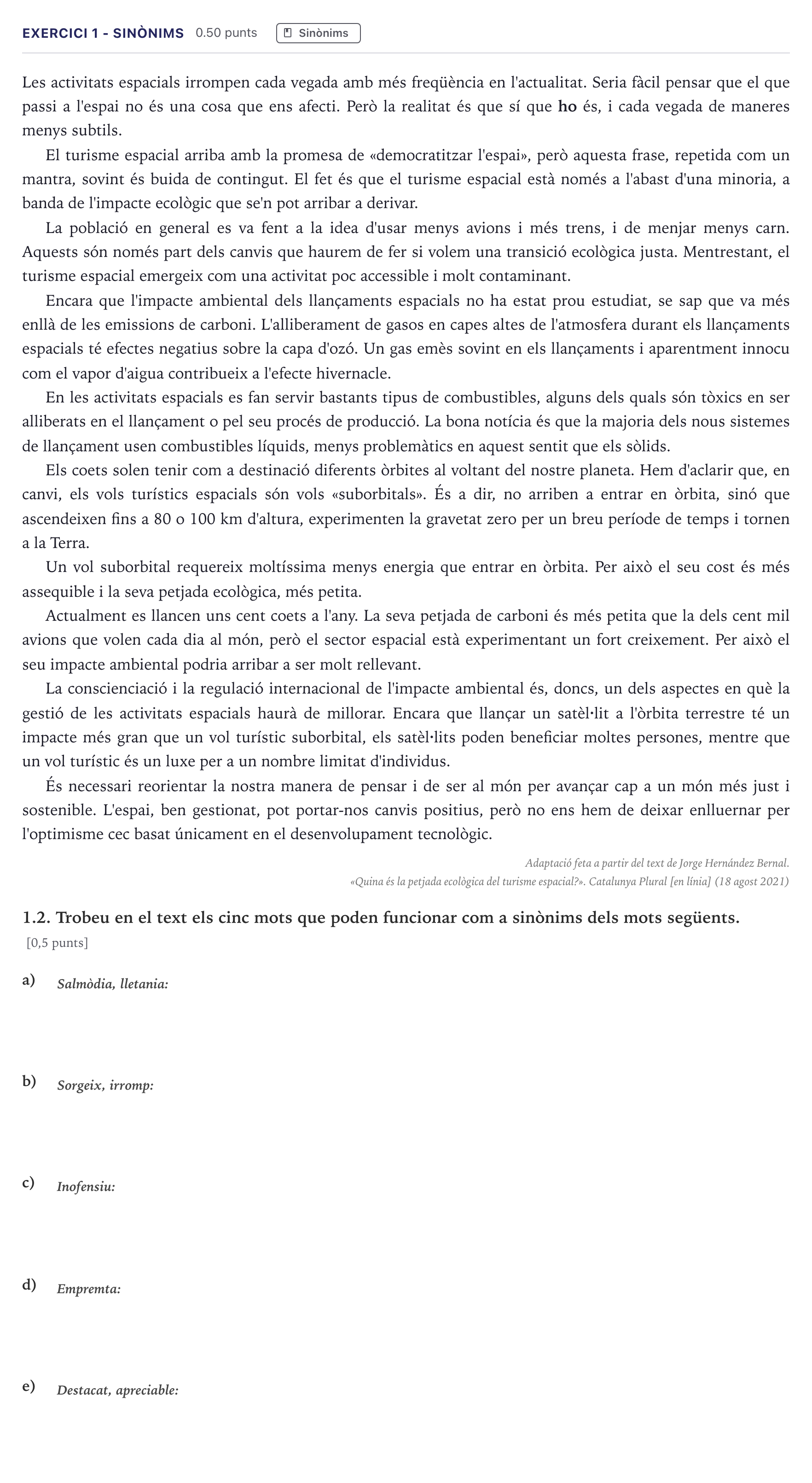 Enunciado: Ejercicio 1 - Sinònims · Lengua Catalana y Literatura II Selectividad Cataluña Serie 2 2026